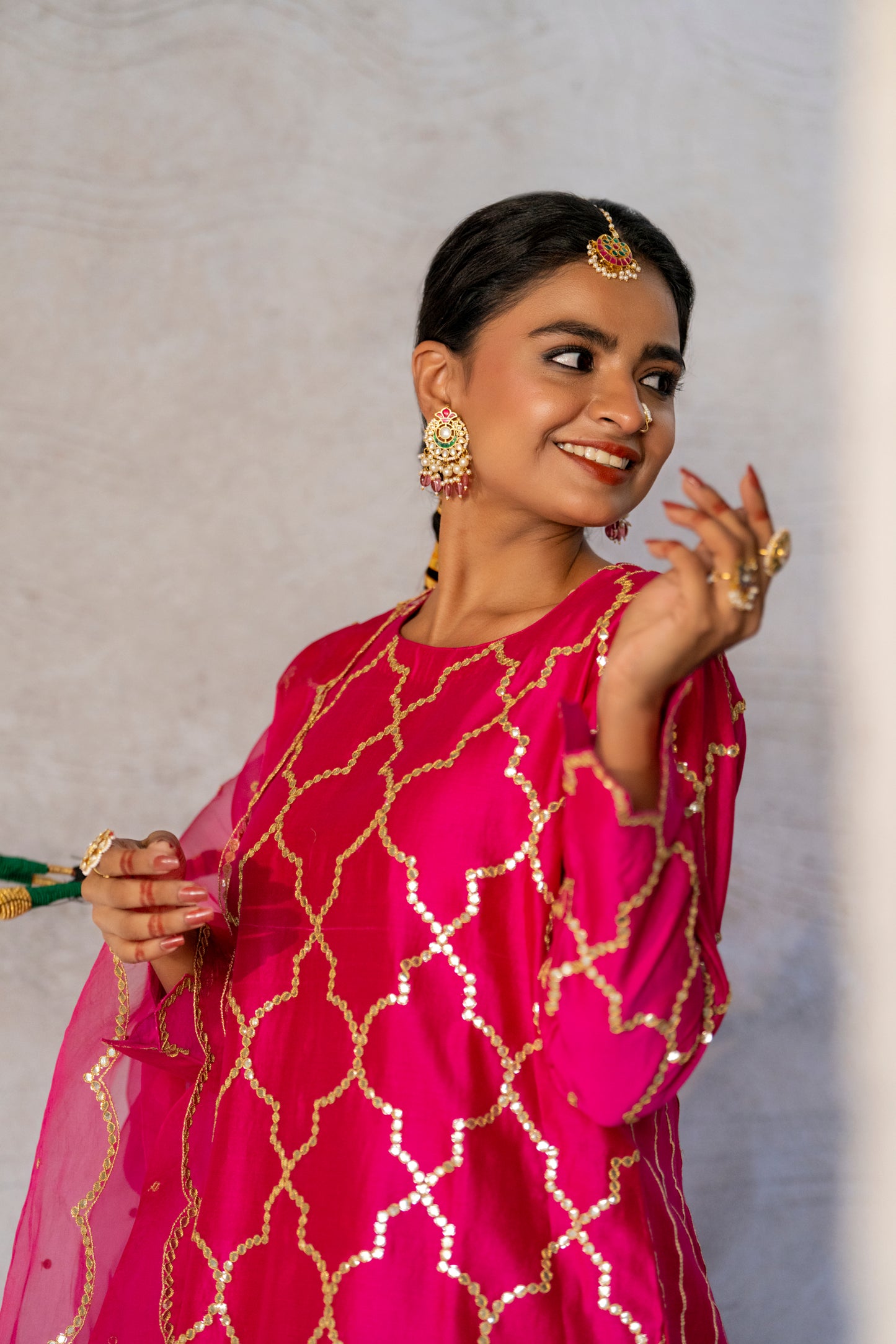 Fuschia Pink Silk Kurta Set with Turkish Gota Jaal