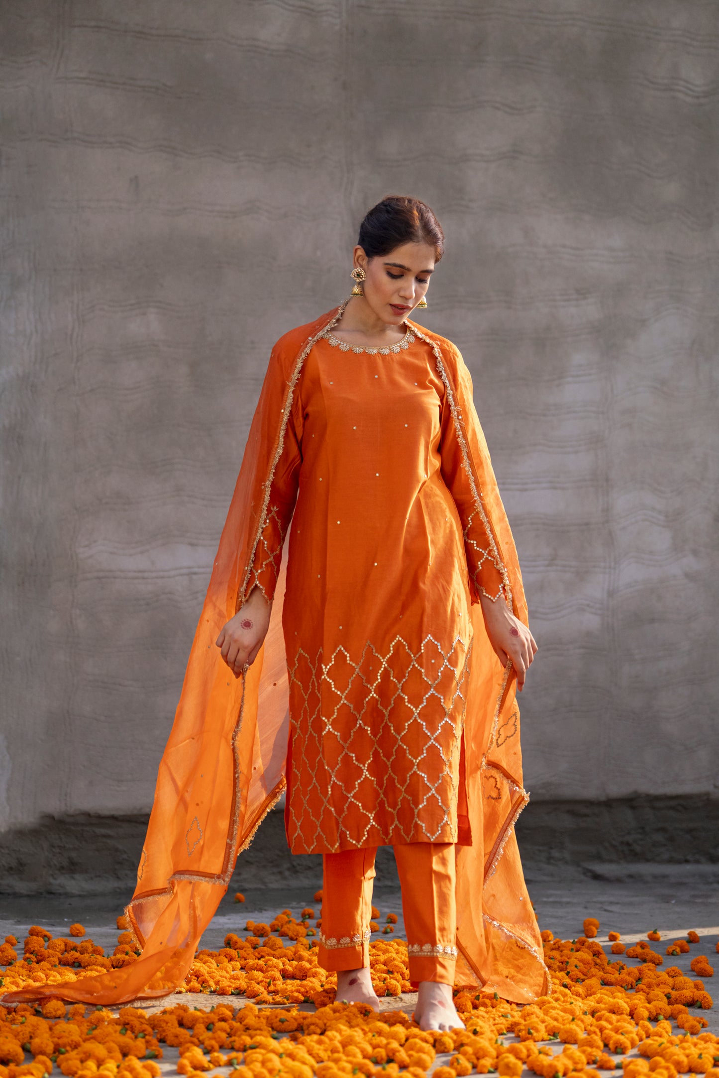 Orange Silk Kurta Set with half Turkish Gota Jaal