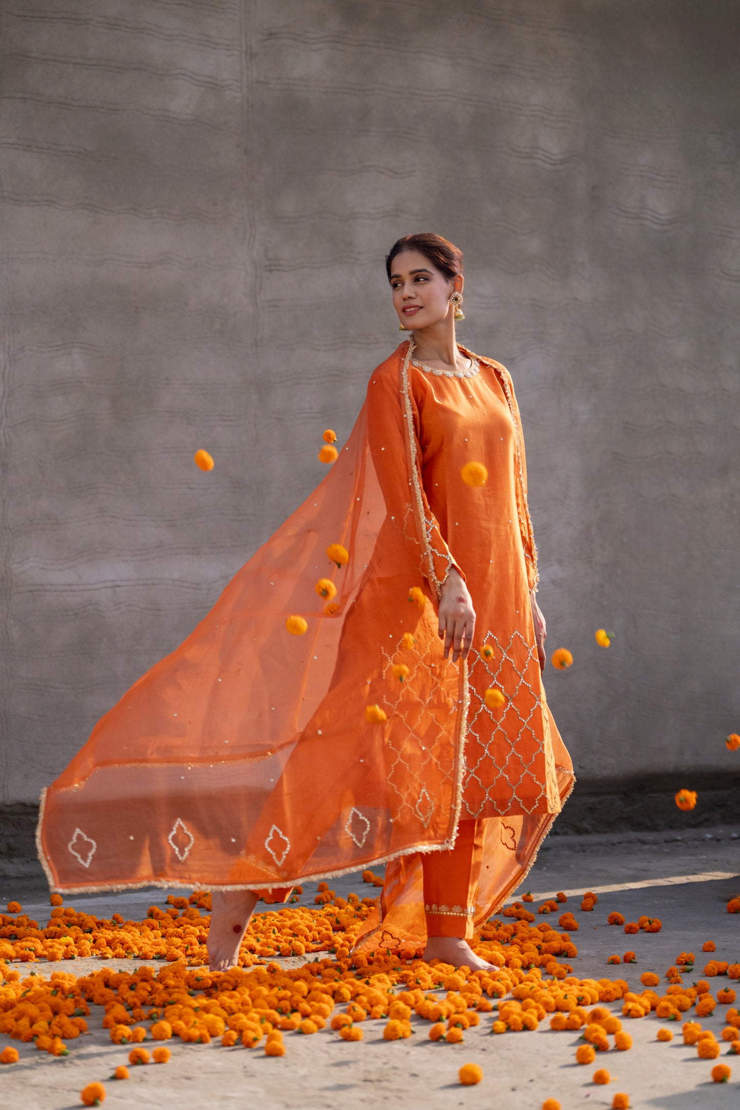 Orange Silk Kurta Set with half Turkish Gota Jaal