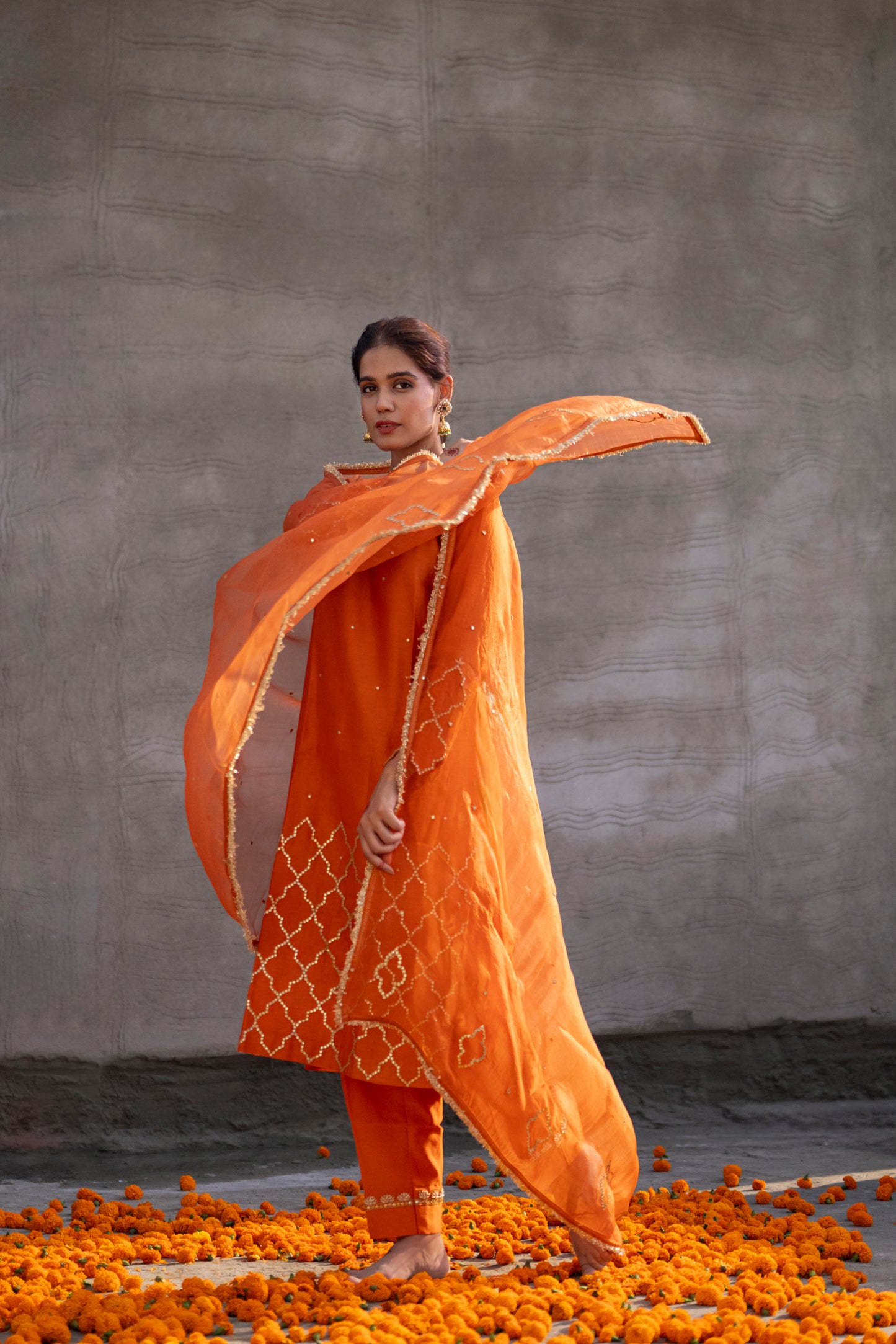 Orange Silk Kurta Set with half Turkish Gota Jaal