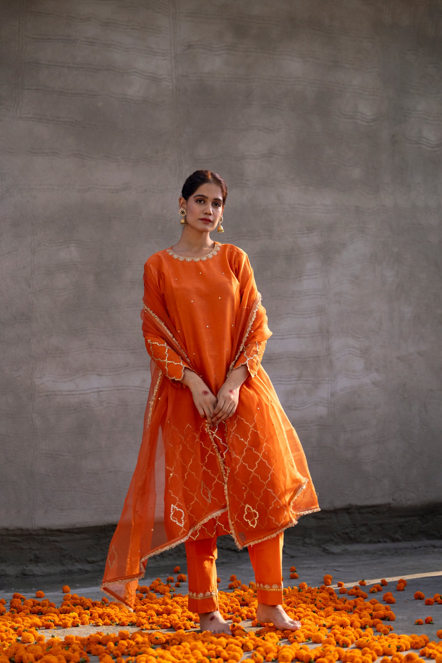 Orange Silk Kurta Set with half Turkish Gota Jaal