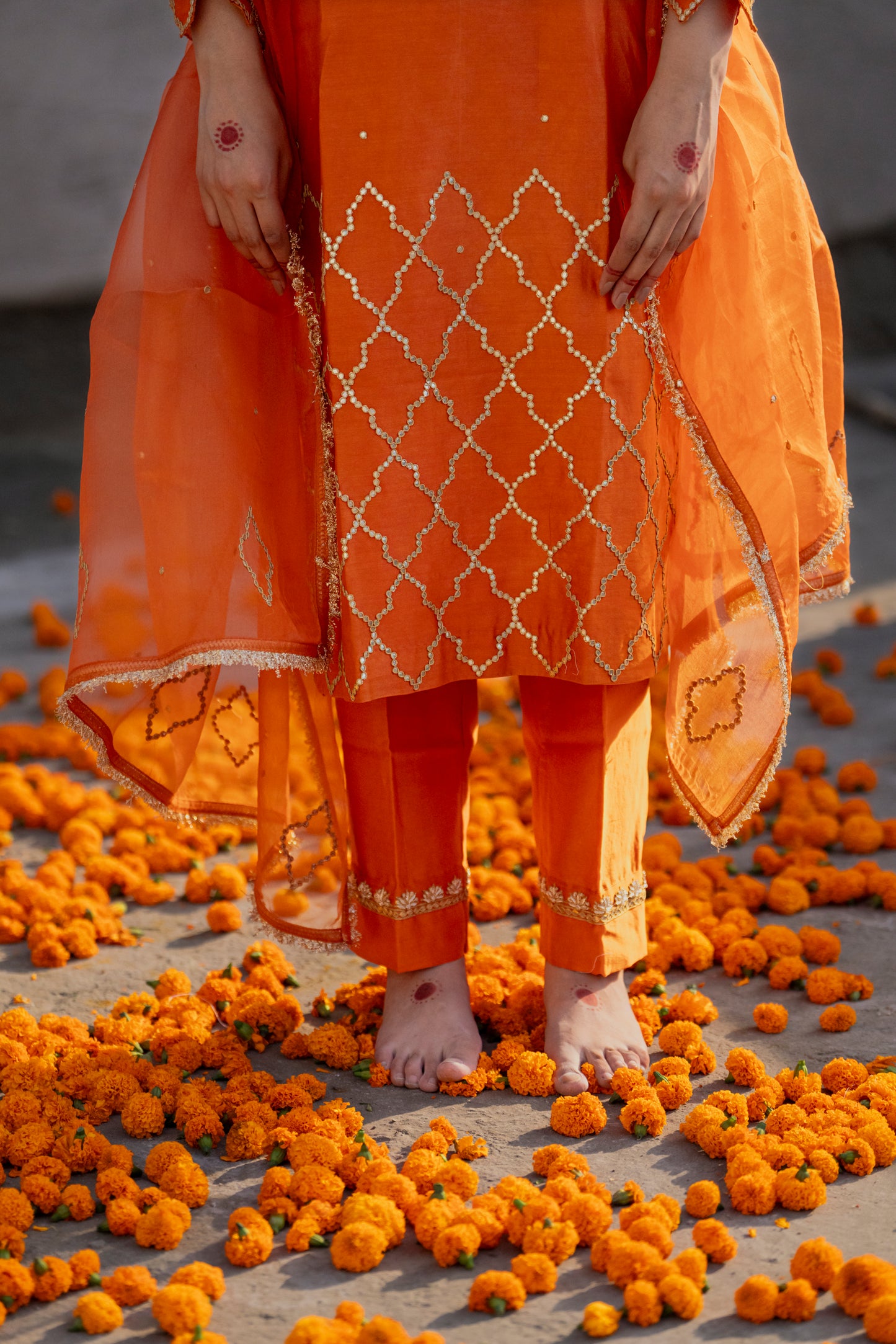 Orange Silk Kurta Set with half Turkish Gota Jaal