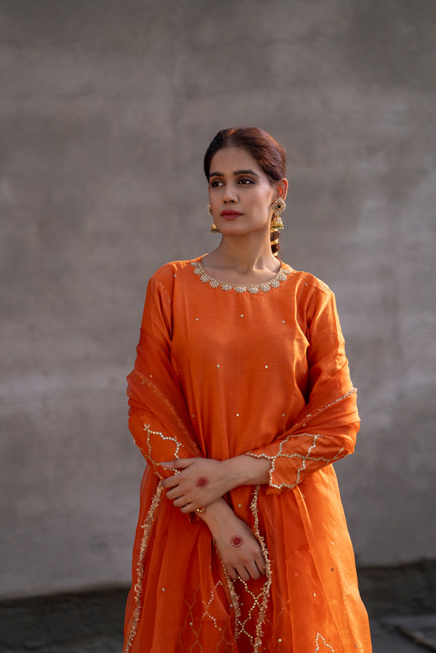 Orange Silk Kurta Set with half Turkish Gota Jaal