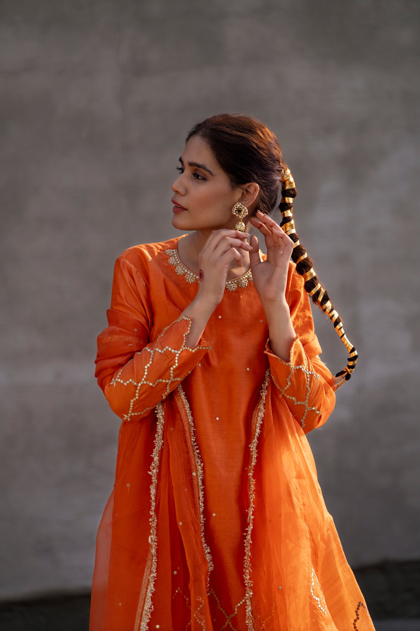 Orange Silk Kurta Set with half Turkish Gota Jaal