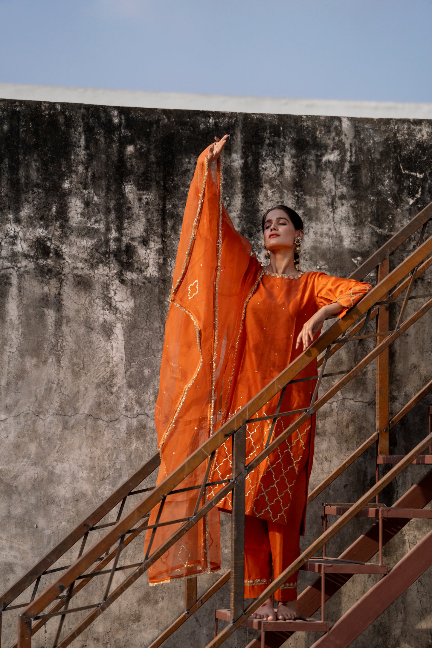 Orange Silk Kurta Set with half Turkish Gota Jaal