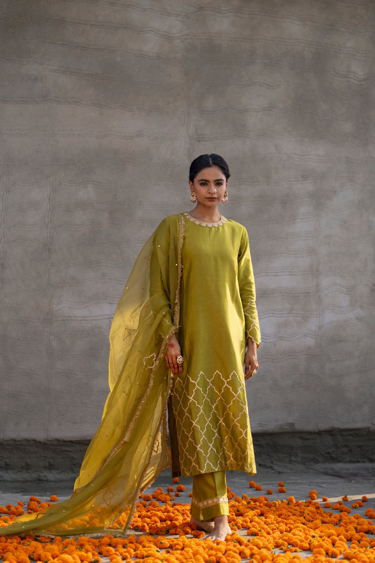 Mehendi Green Silk Kurta Set with half Turkish Gota Jaal