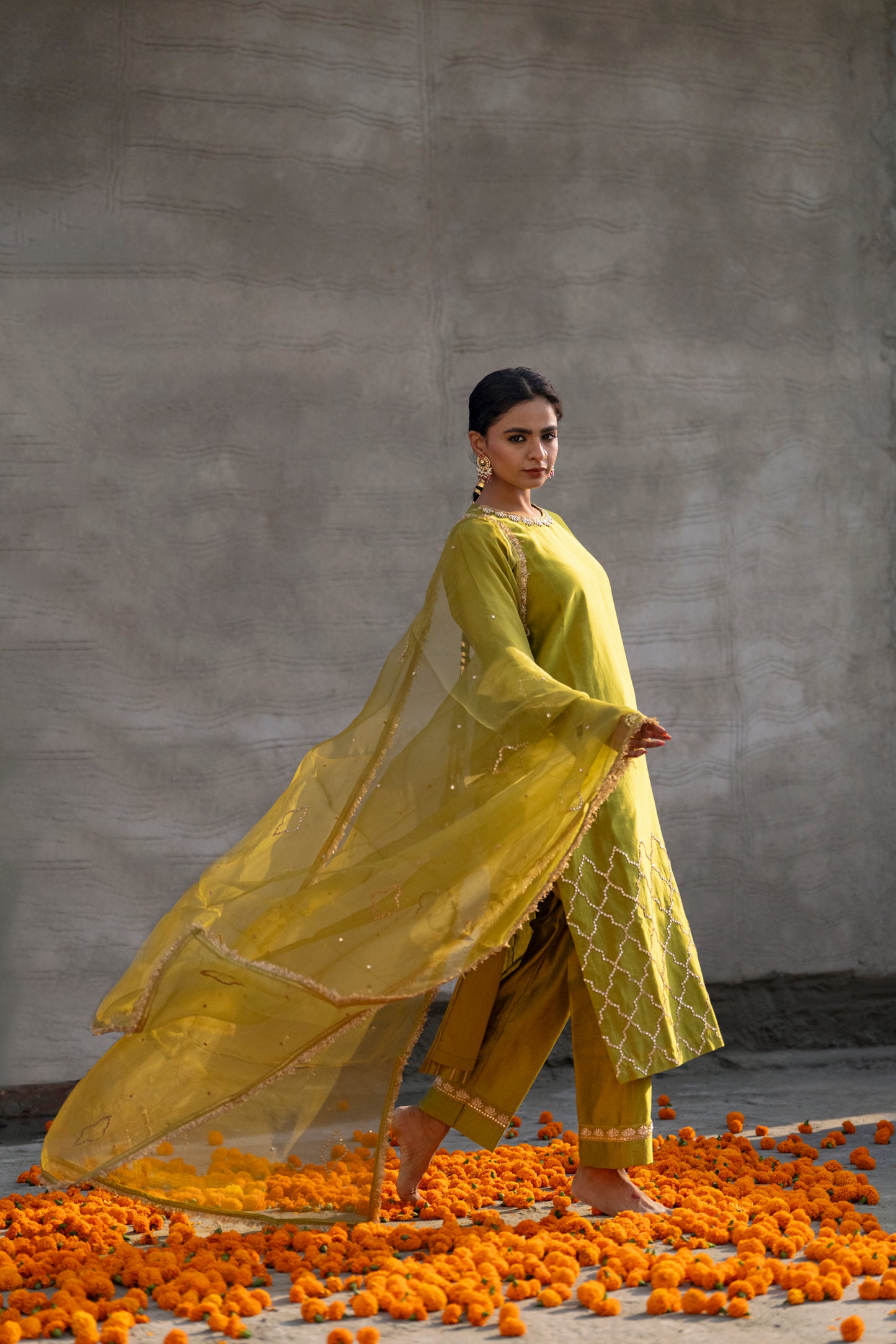 Mehendi Green Silk Kurta Set with half Turkish Gota Jaal