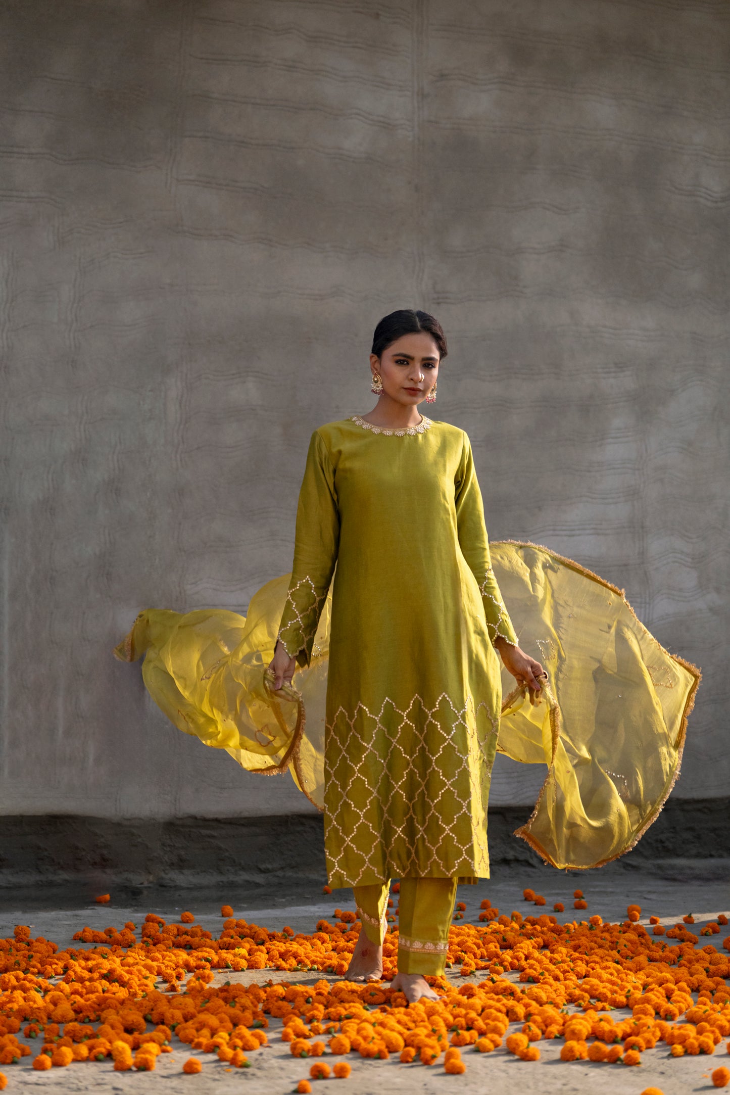 Mehendi Green Silk Kurta Set with half Turkish Gota Jaal