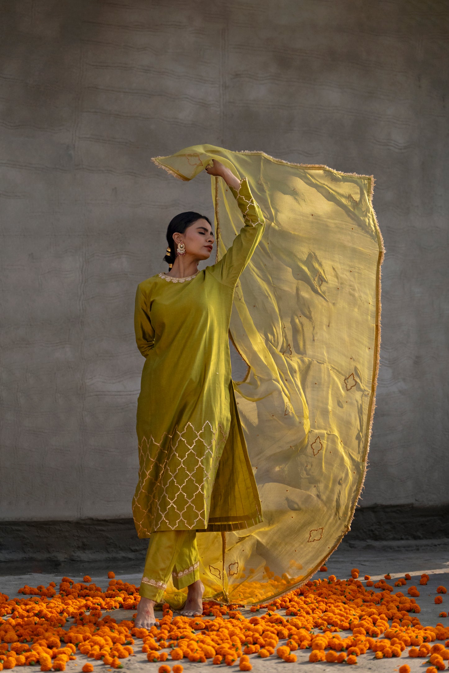 Mehendi Green Silk Kurta Set with half Turkish Gota Jaal