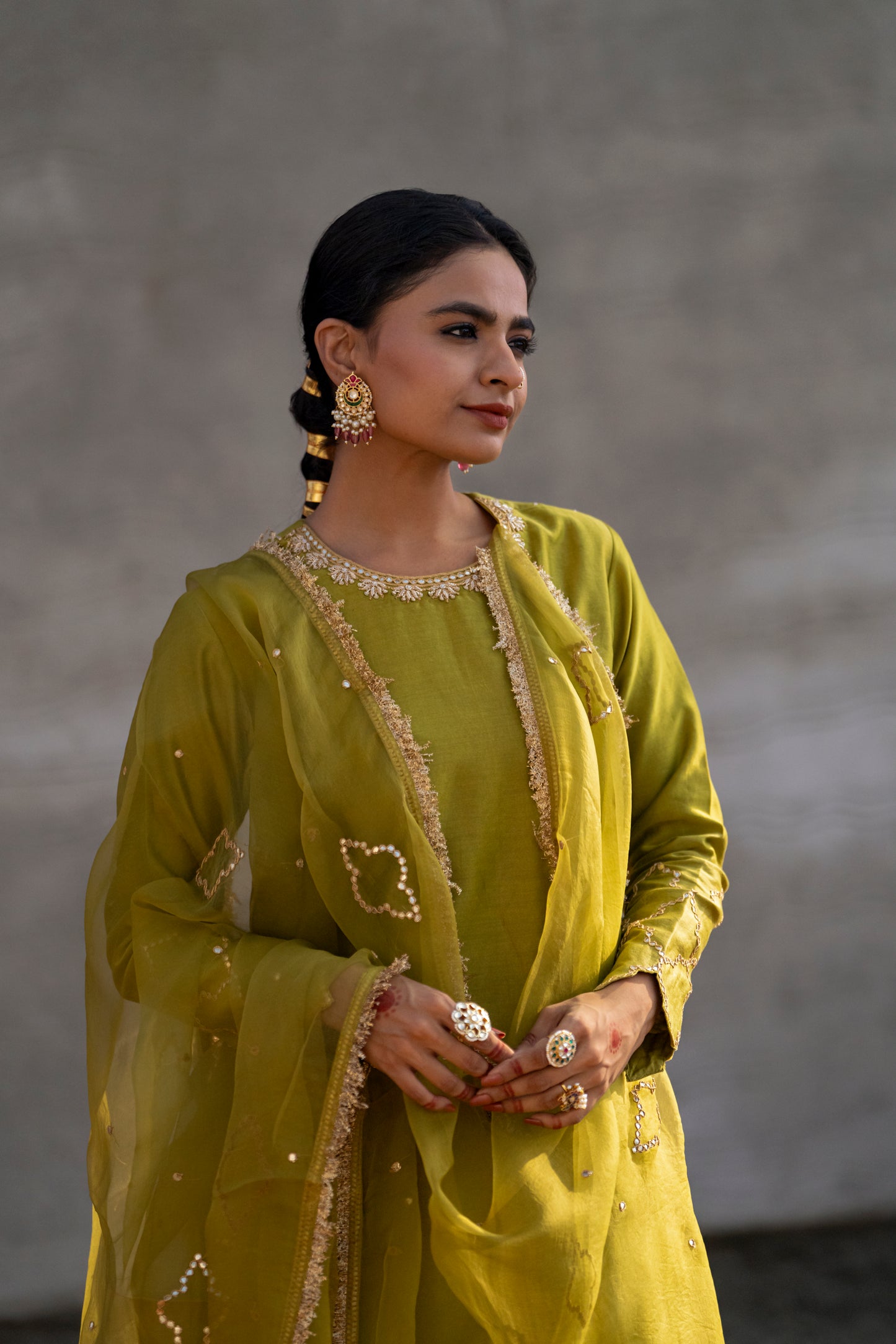 Mehendi Green Silk Kurta Set with half Turkish Gota Jaal