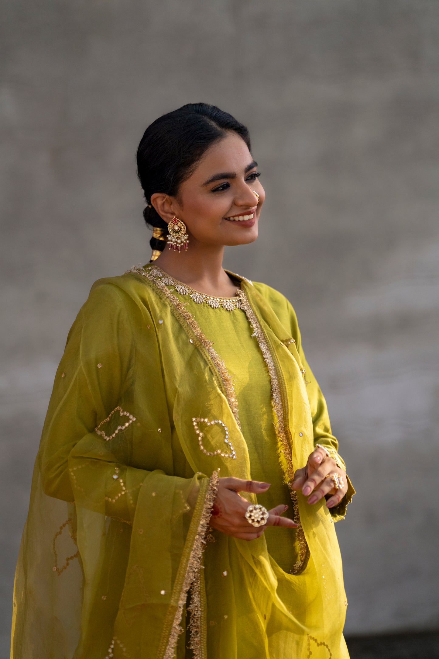 Mehendi Green Silk Kurta Set with half Turkish Gota Jaal