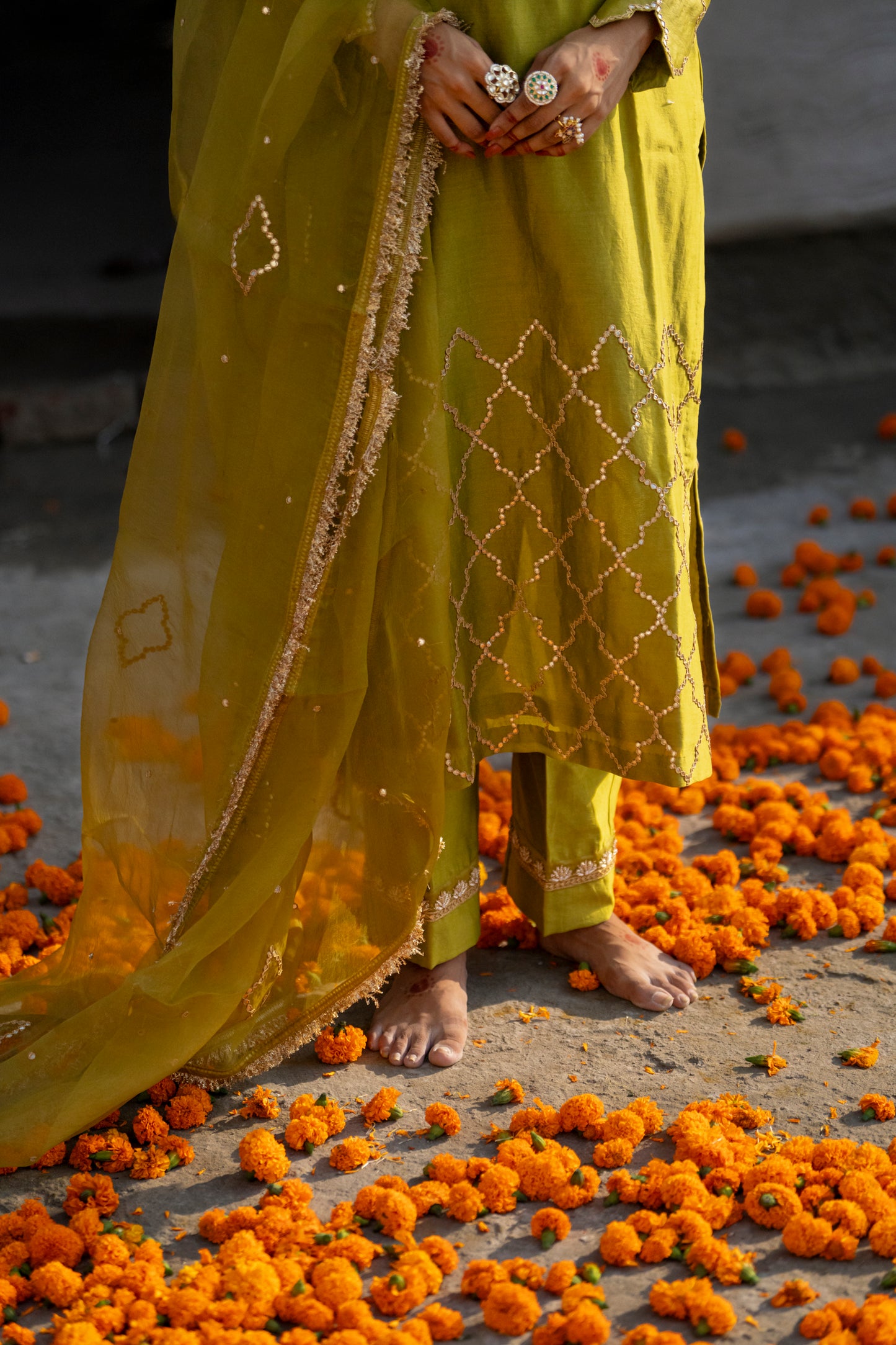 Mehendi Green Silk Kurta Set with half Turkish Gota Jaal