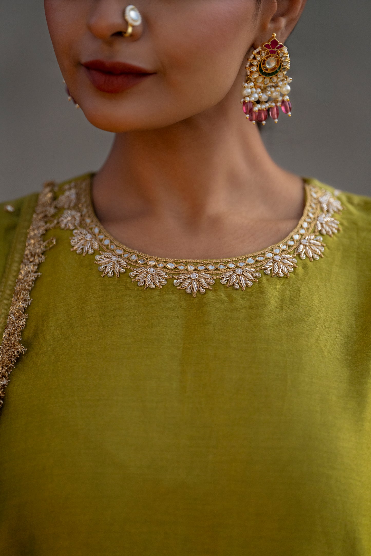 Mehendi Green Silk Kurta Set with half Turkish Gota Jaal