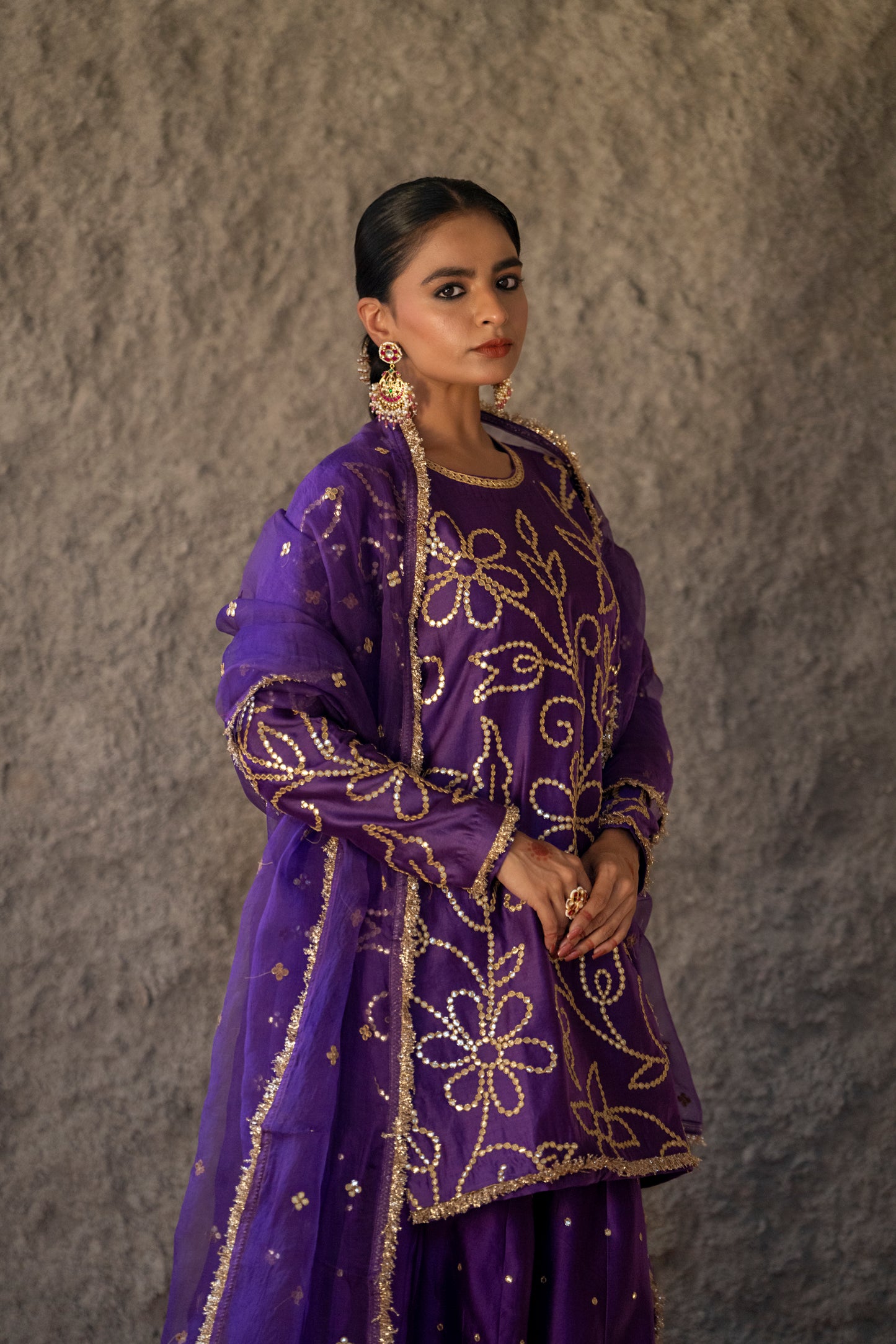 Purple Silk Short Kurta Sharara Set with Gota Jaal