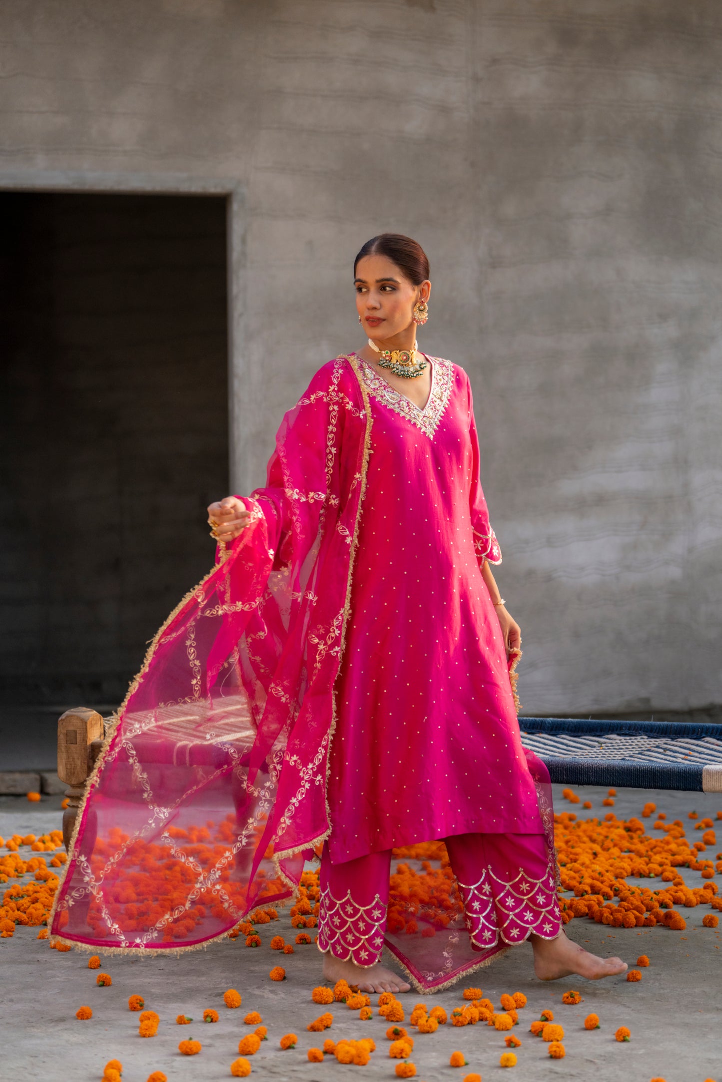 Fuschia Pink Silk Kurta Set with Heavy Dori and Zari Work