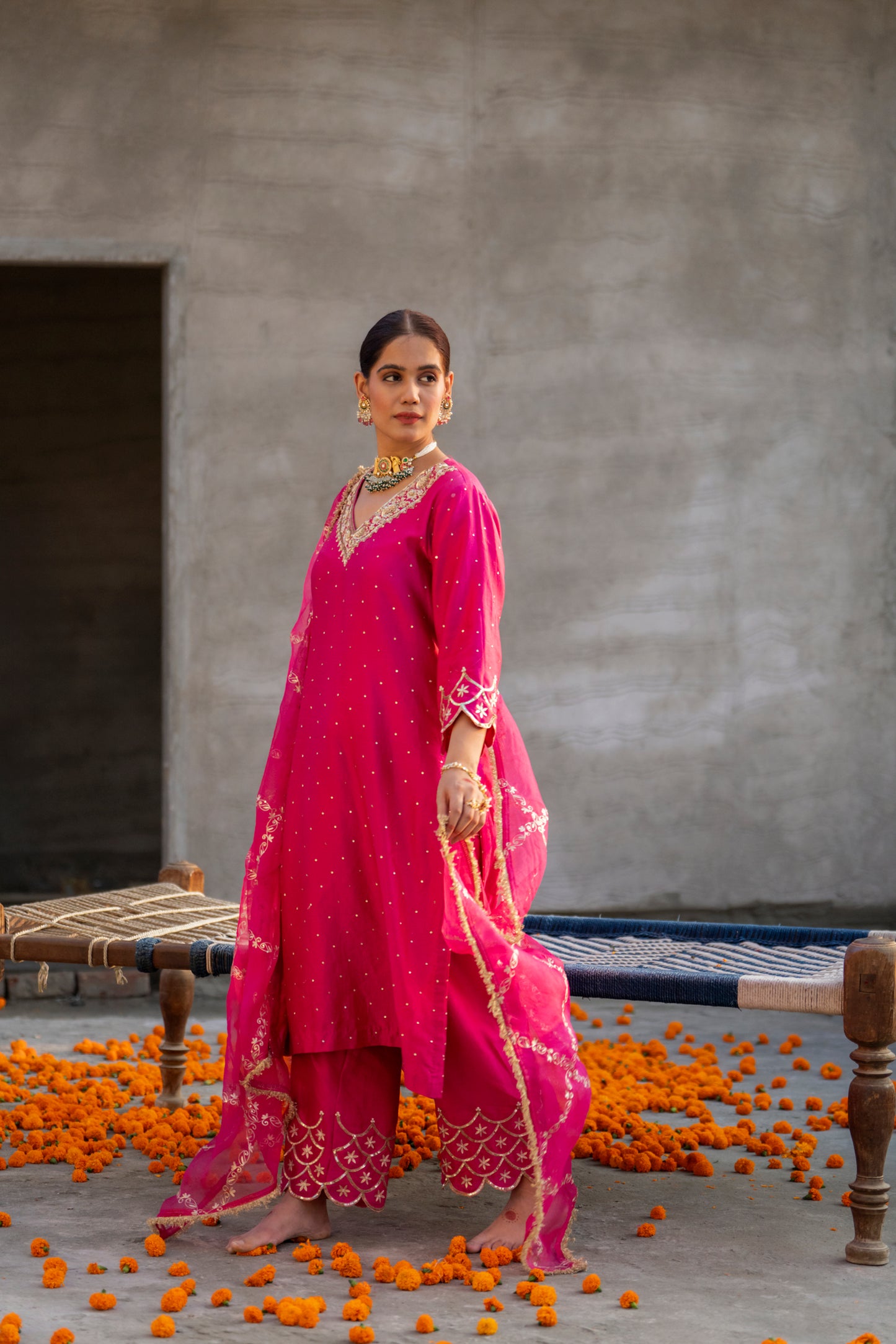 Fuschia Pink Silk Kurta Set with Heavy Dori and Zari Work