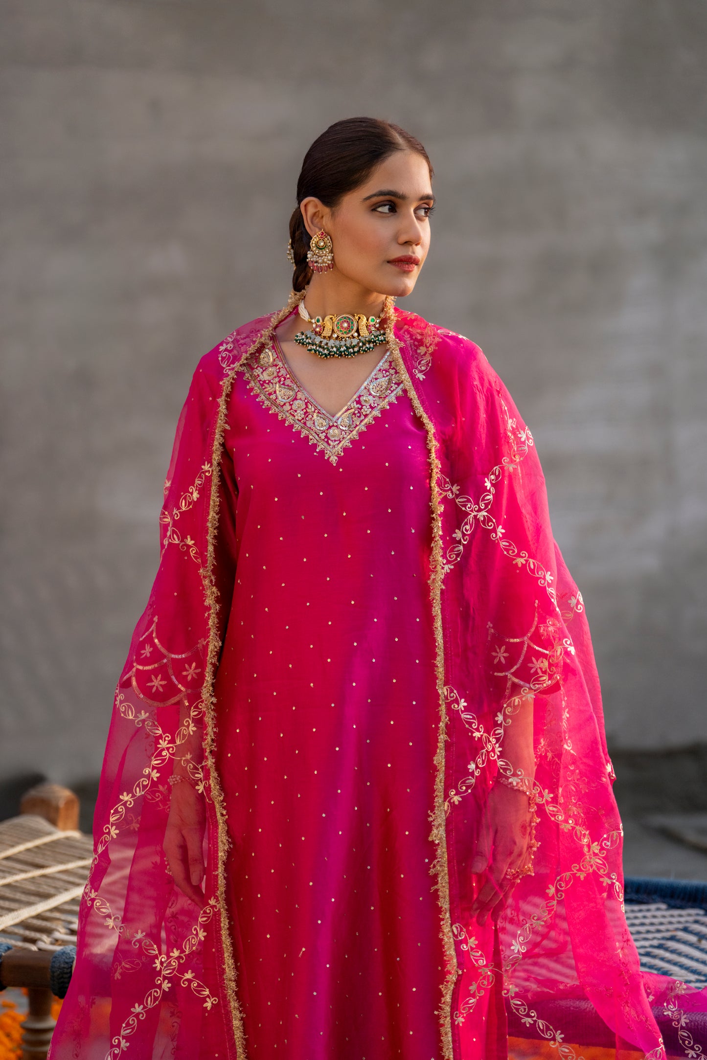 Fuschia Pink Silk Kurta Set with Heavy Dori and Zari Work