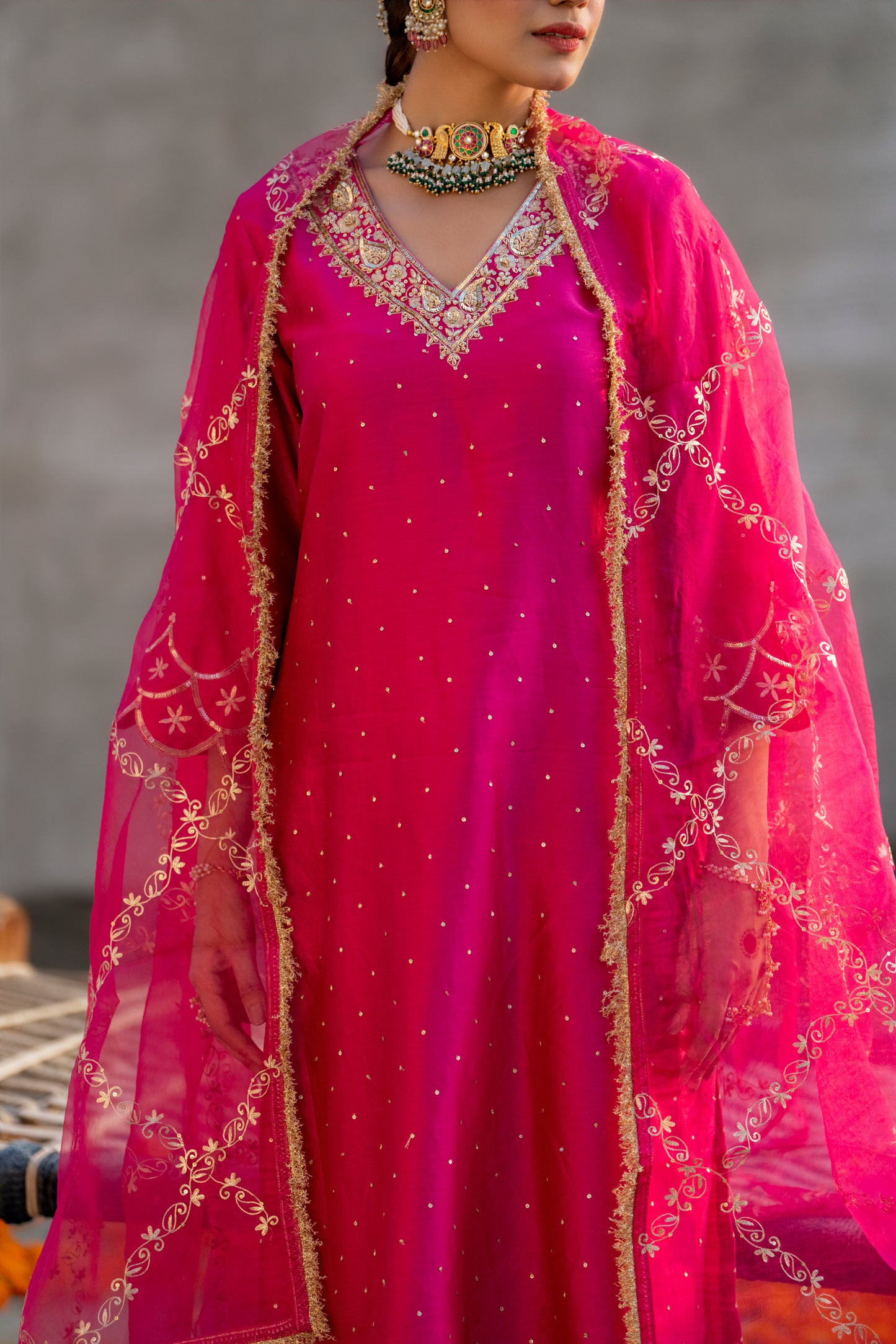 Fuschia Pink Silk Kurta Set with Heavy Dori and Zari Work