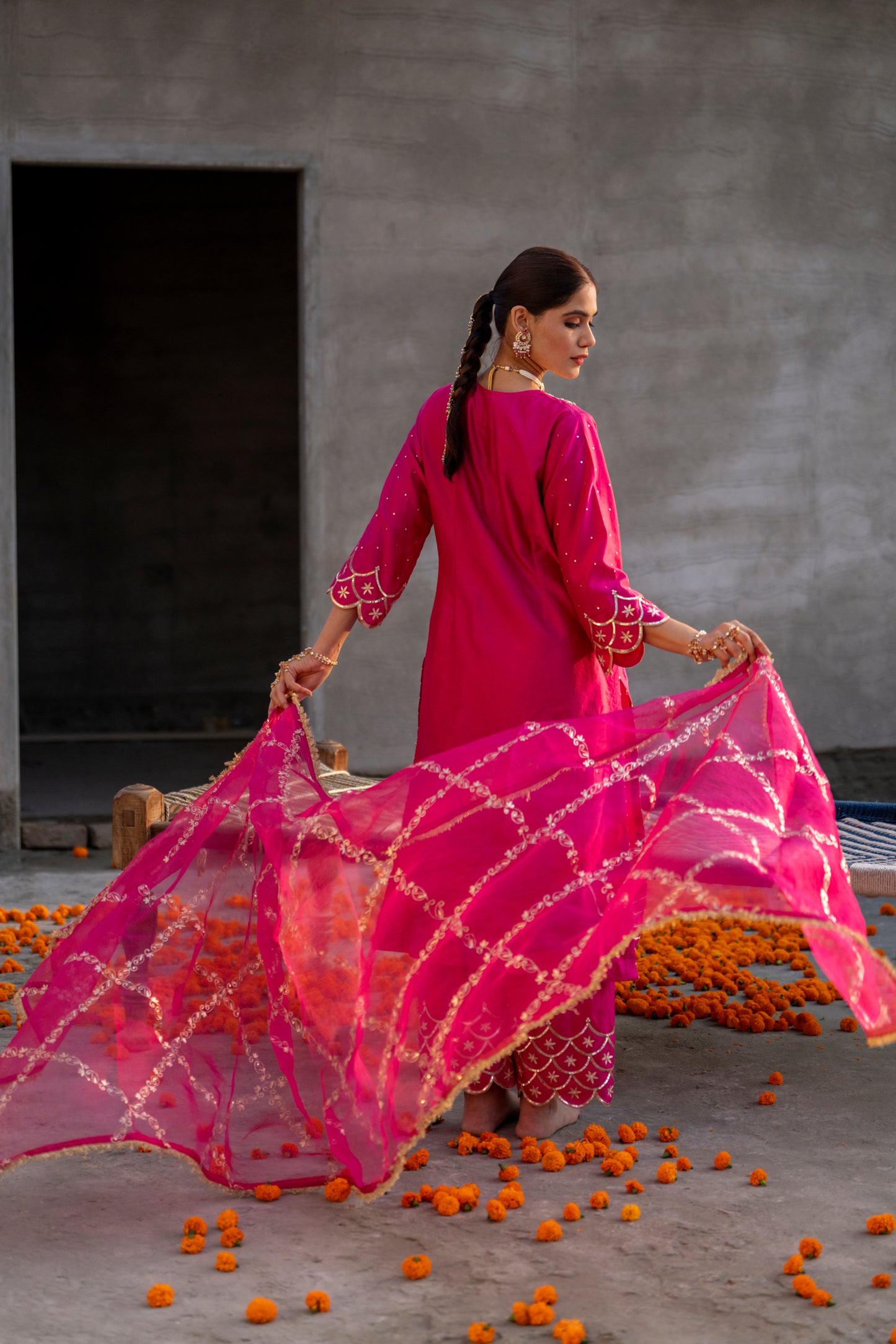 Fuschia Pink Silk Kurta Set with Heavy Dori and Zari Work