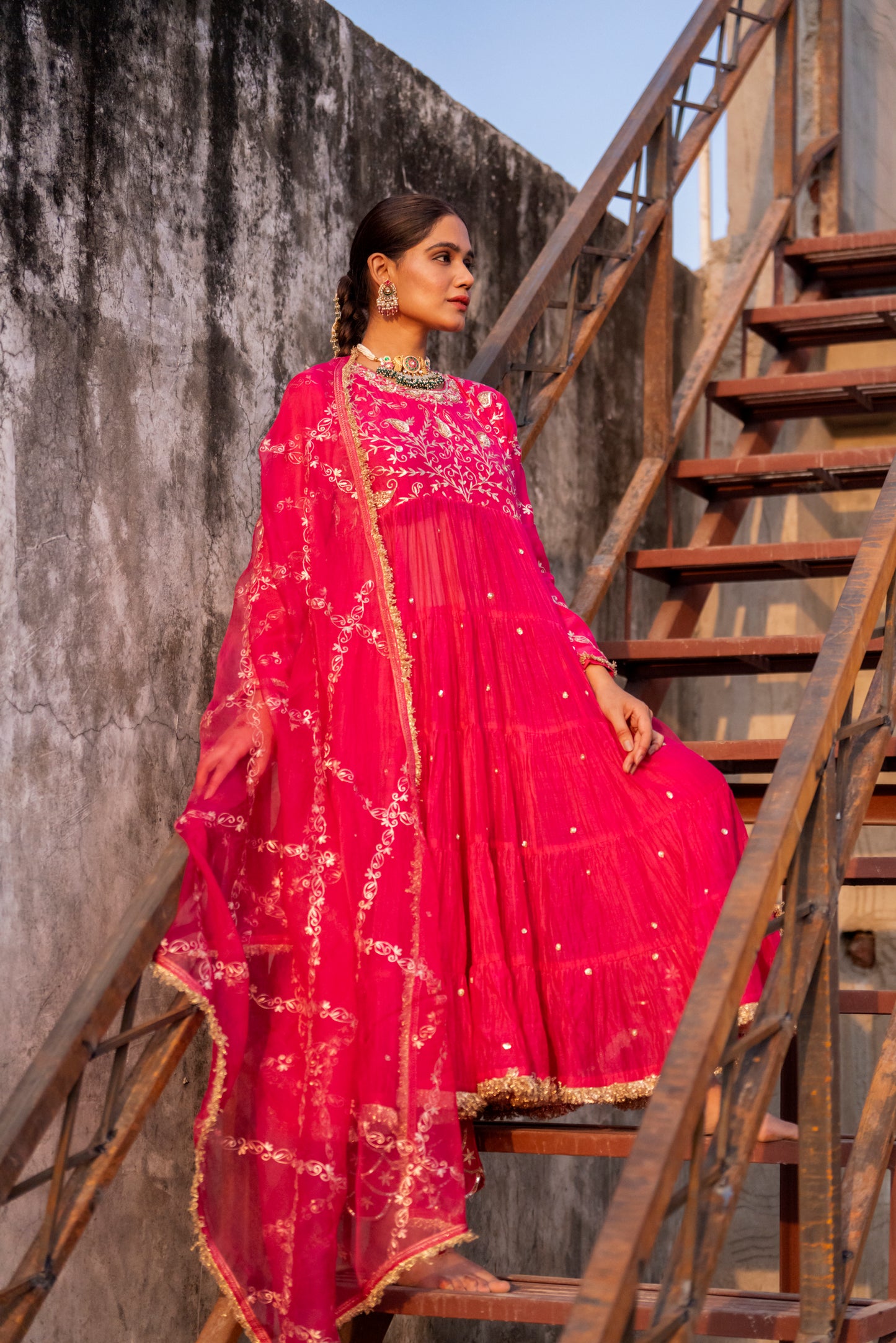 Fuschia Pink Yoke Mul Chanderi Anaarkali with Pittan work