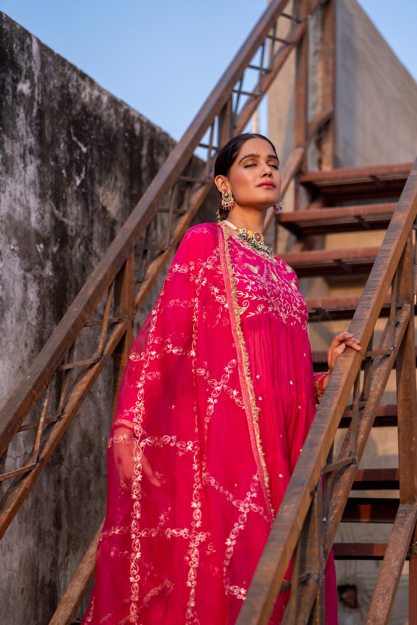 Fuschia Pink Yoke Mul Chanderi Anaarkali with Pittan work