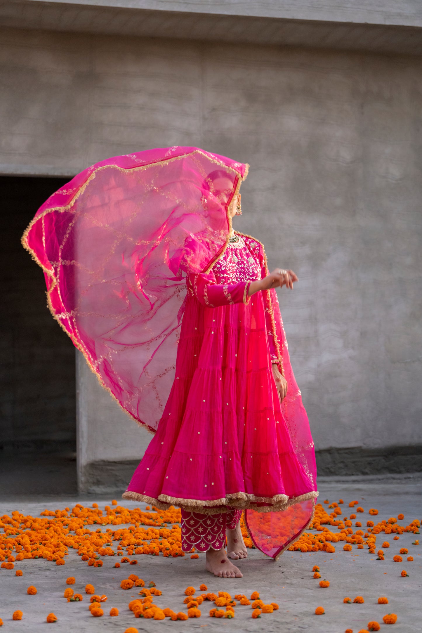 Fuschia Pink Yoke Mul Chanderi Anaarkali with Pittan work