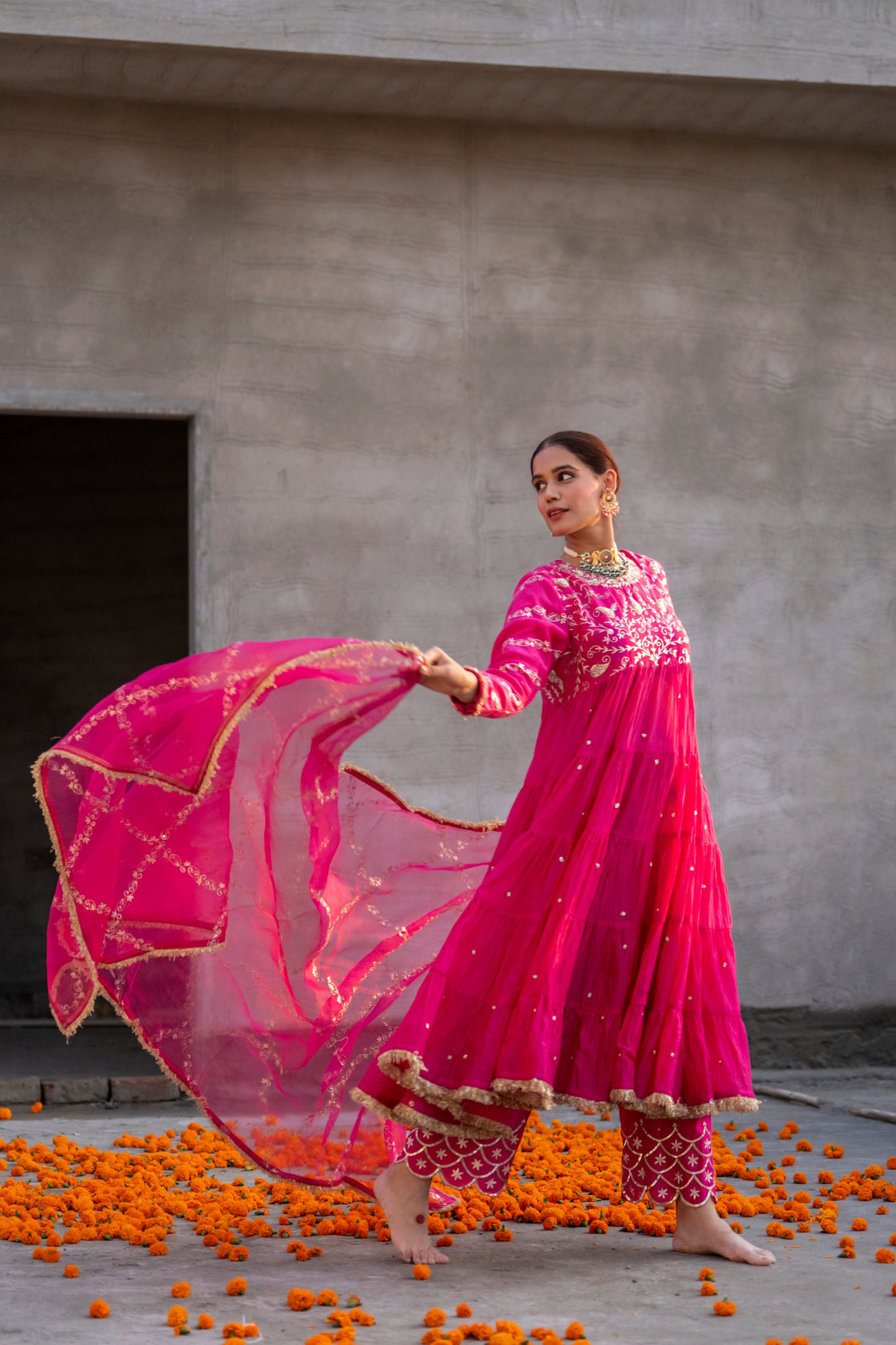 Fuschia Pink Yoke Mul Chanderi Anaarkali with Pittan work