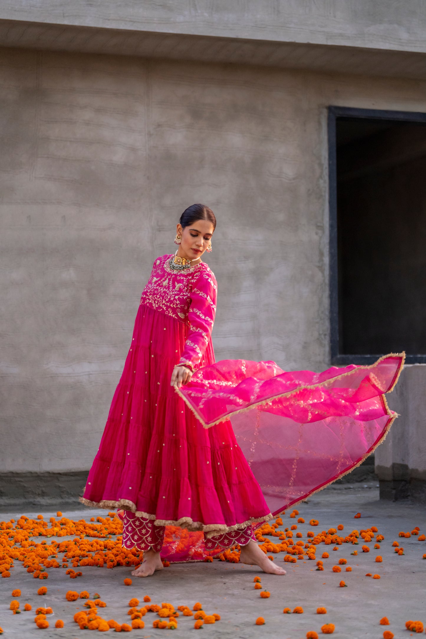 Fuschia Pink Yoke Mul Chanderi Anaarkali with Pittan work