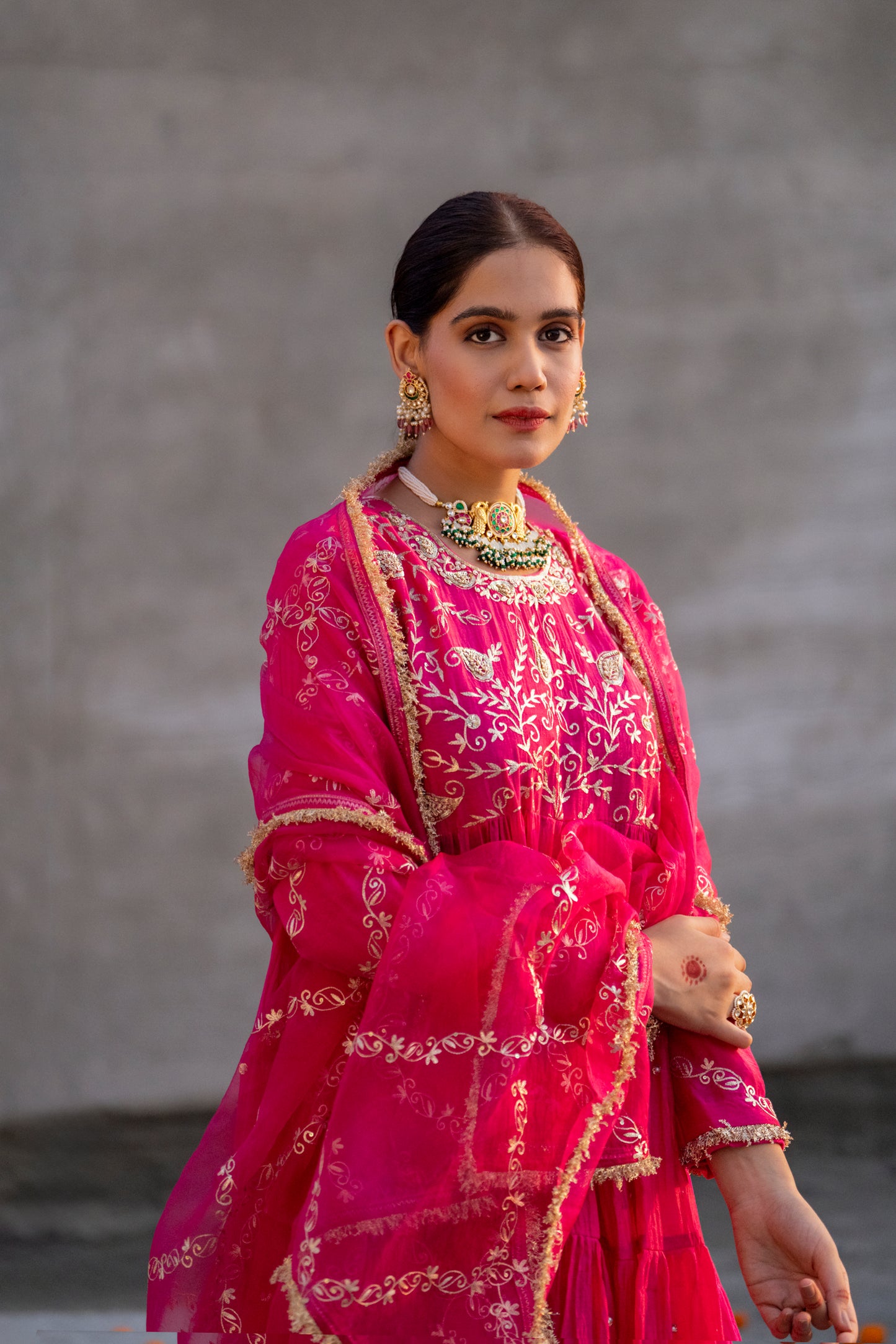 Fuschia Pink Yoke Mul Chanderi Anaarkali with Pittan work