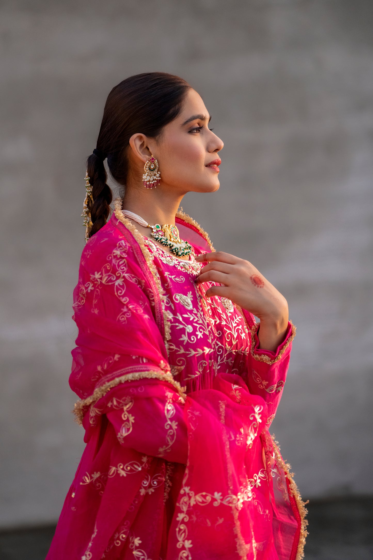 Fuschia Pink Yoke Mul Chanderi Anaarkali with Pittan work
