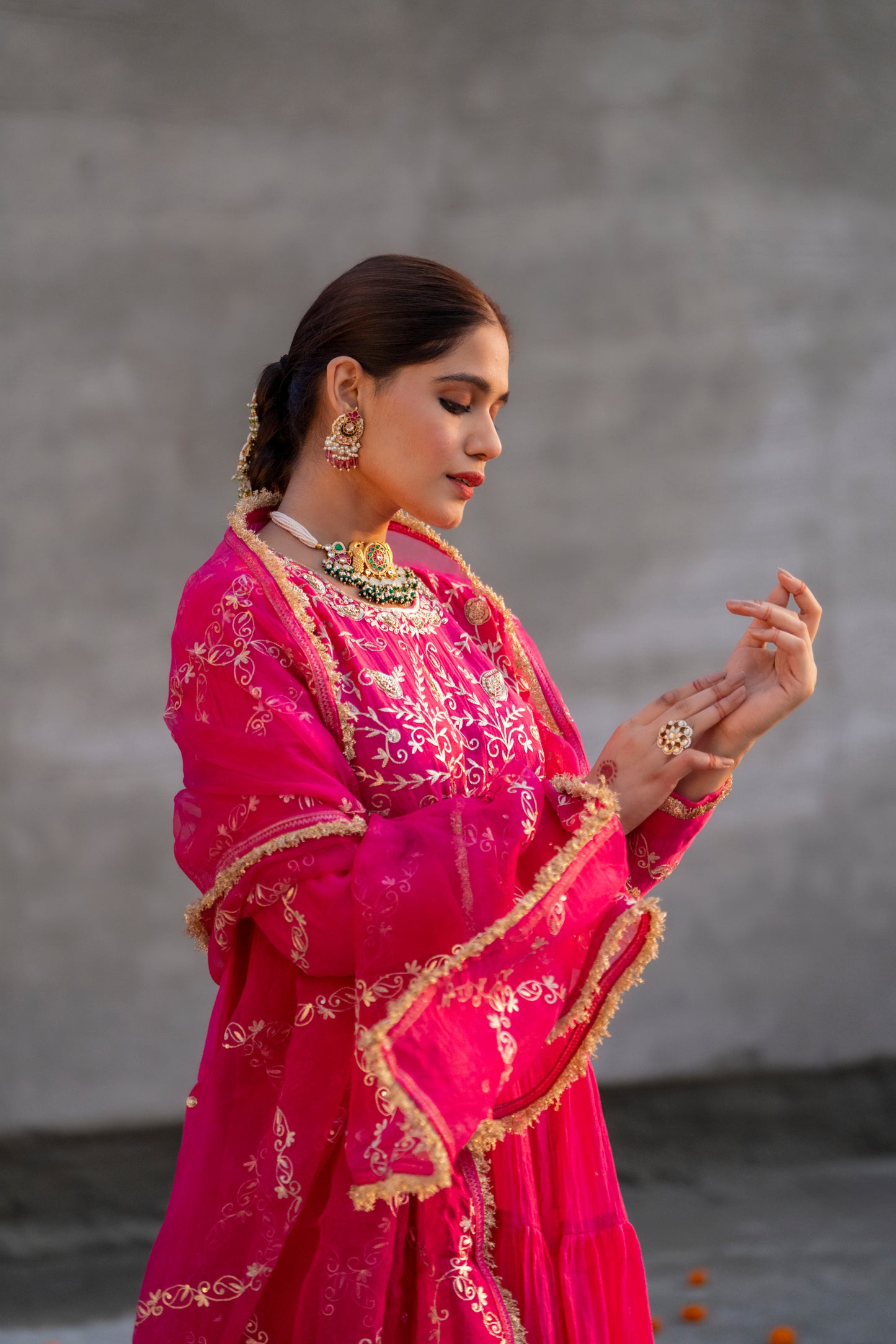 Fuschia Pink Yoke Mul Chanderi Anaarkali with Pittan work