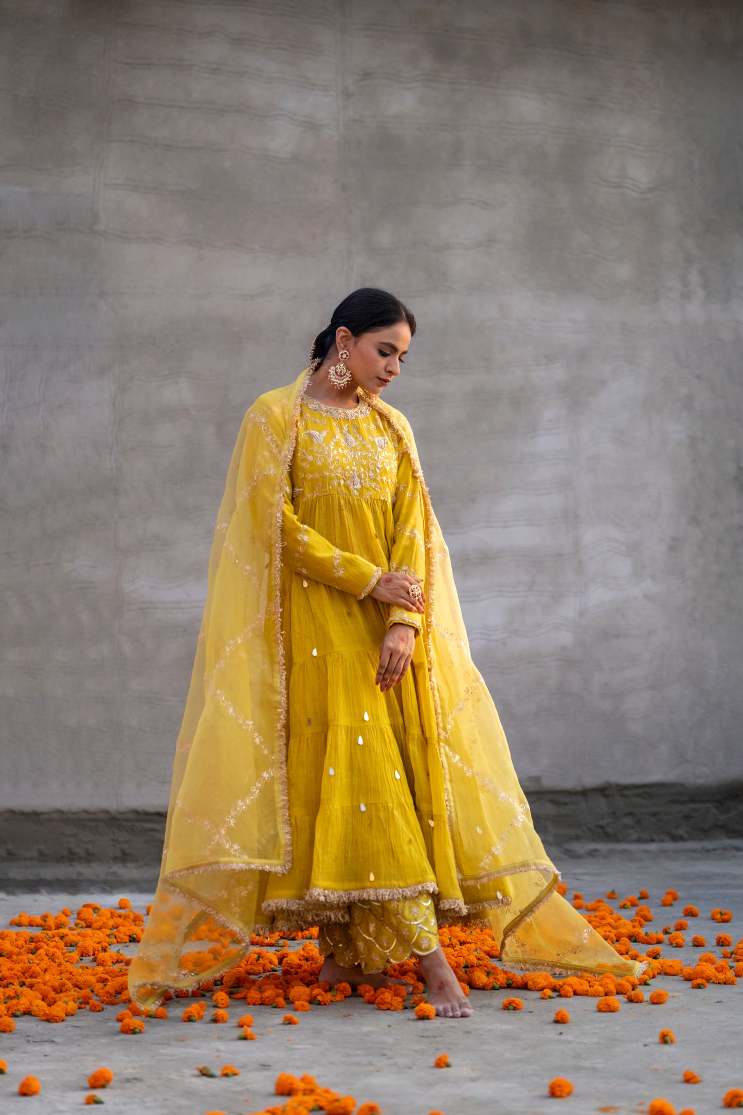 Yellow High Yoke Mul Chanderi Anaarkali with Pittan work