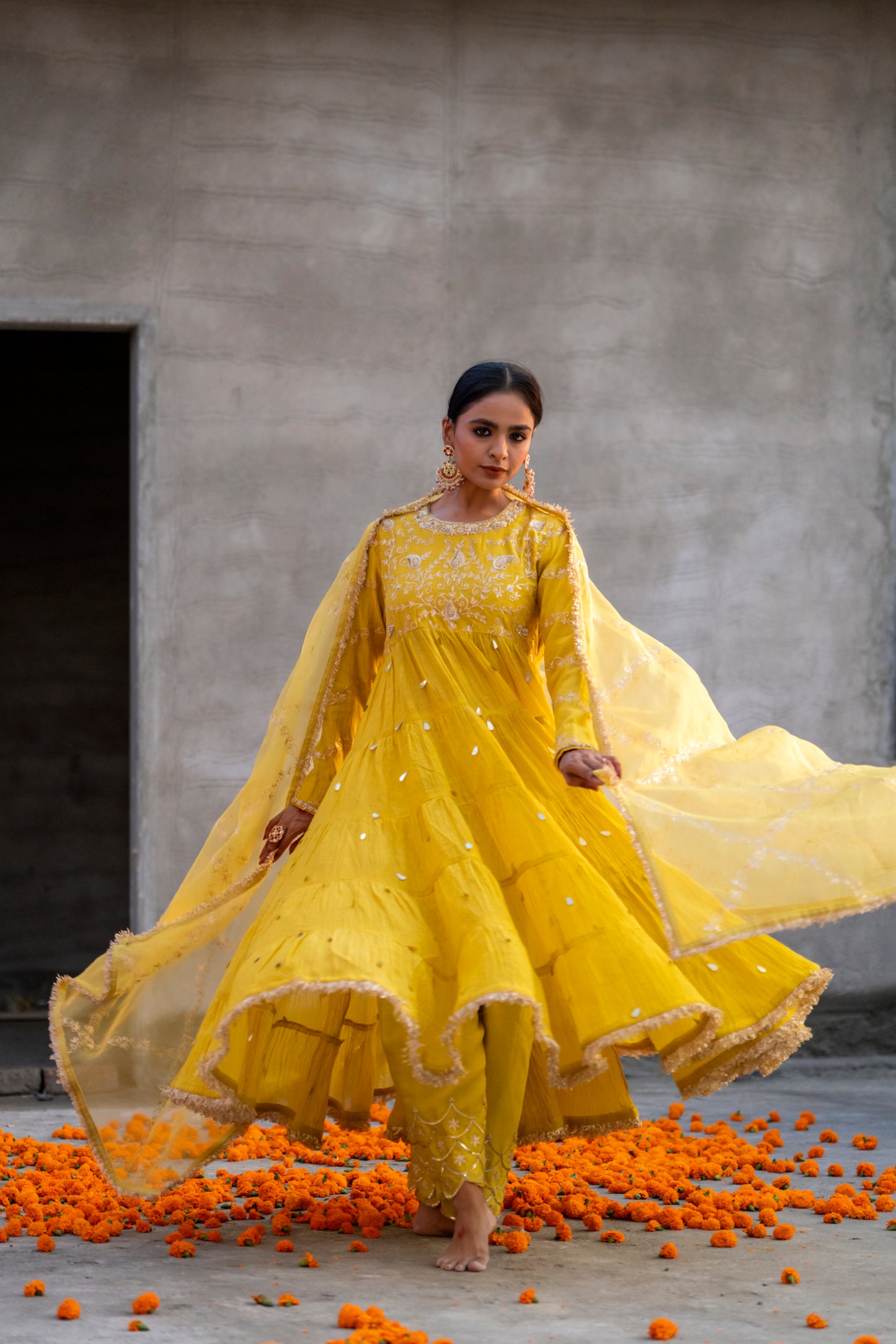 Yellow High Yoke Mul Chanderi Anaarkali with Pittan work