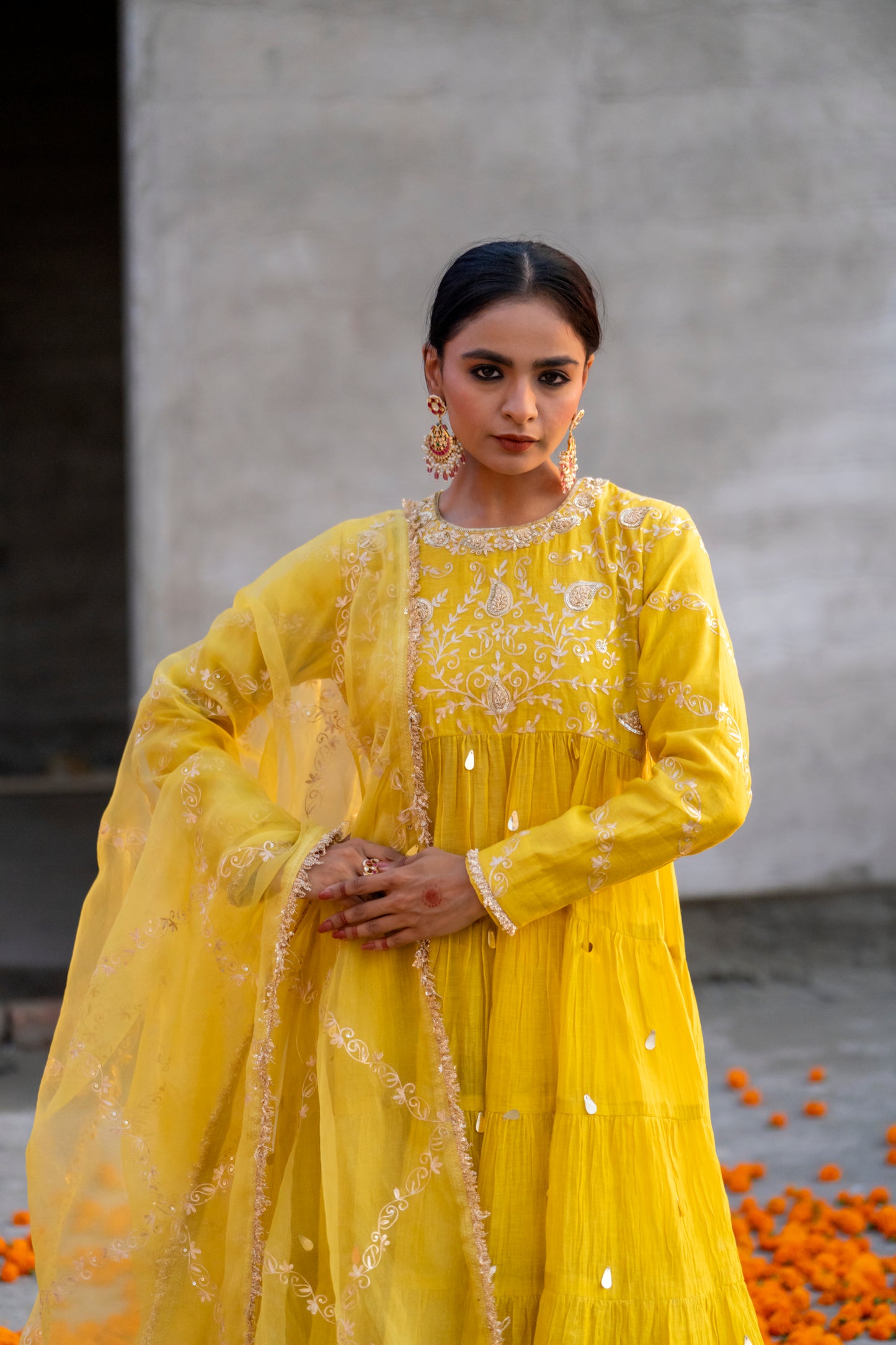 Yellow High Yoke Mul Chanderi Anaarkali with Pittan work