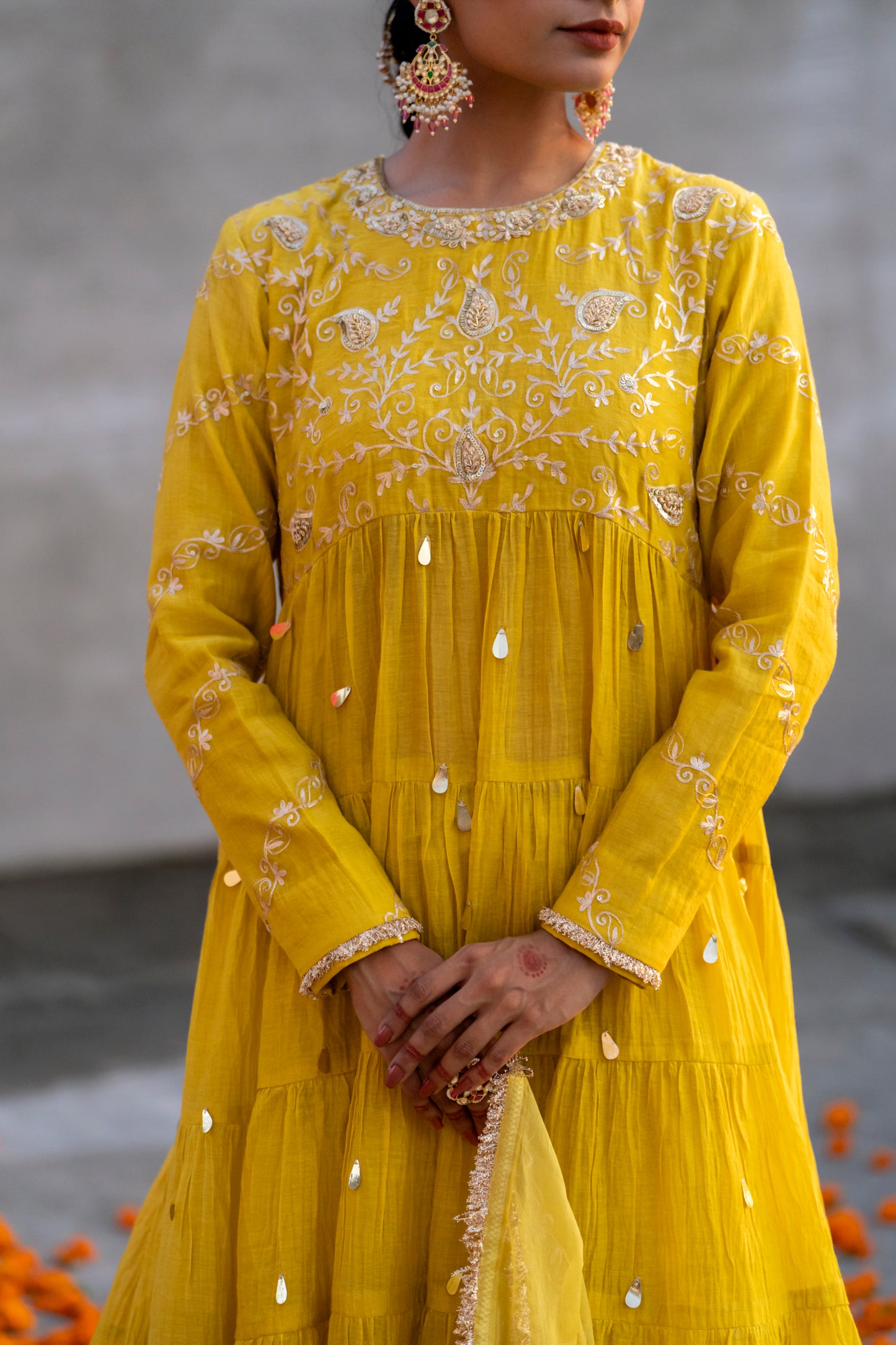 Yellow High Yoke Mul Chanderi Anaarkali with Pittan work