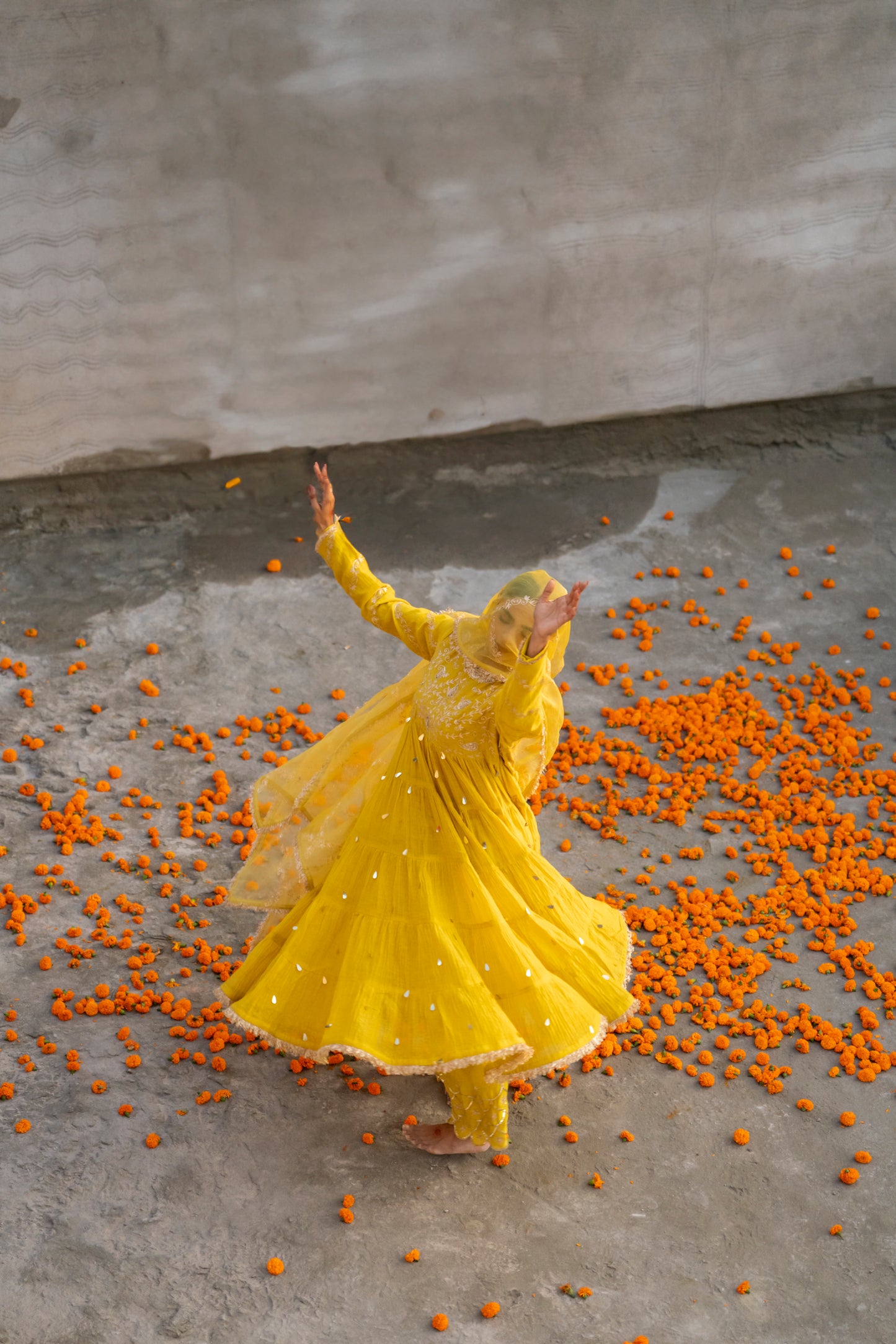 Yellow High Yoke Mul Chanderi Anaarkali with Pittan work