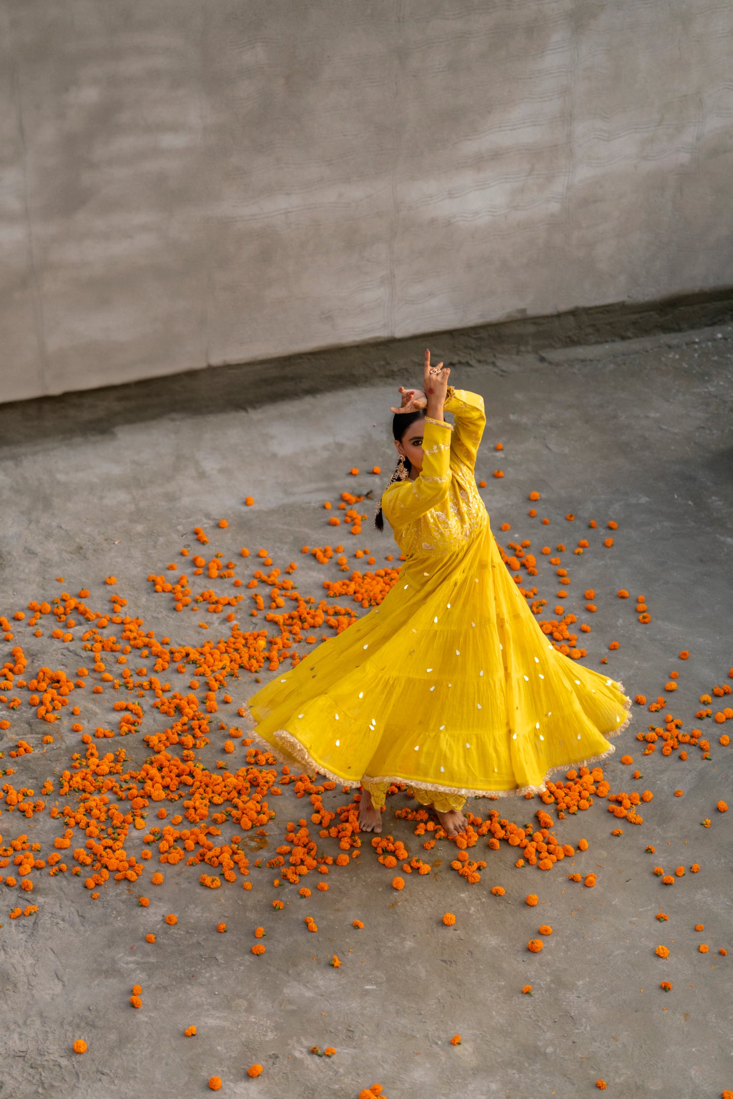 Yellow High Yoke Mul Chanderi Anaarkali with Pittan work