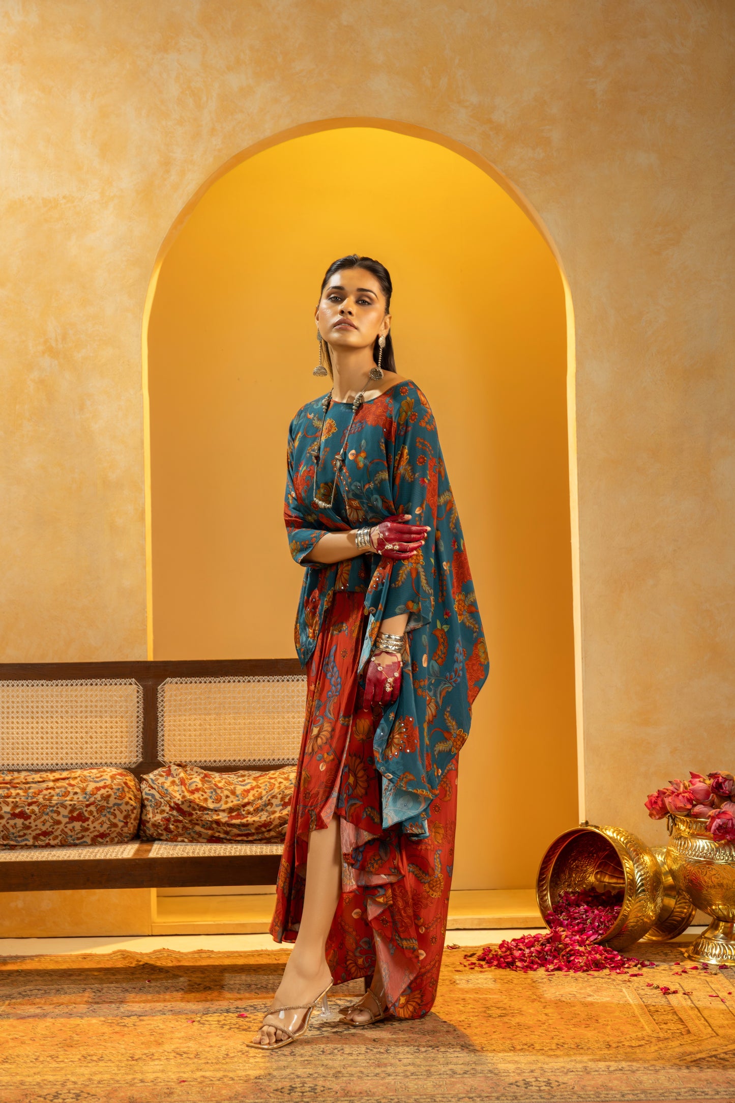 Rangtara embellished drape skirt set