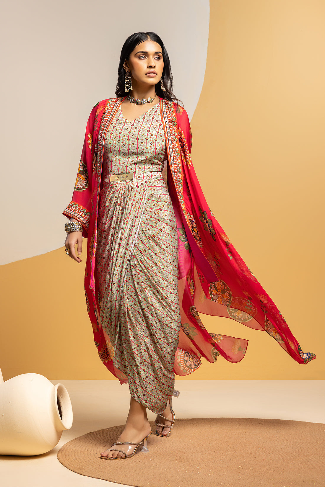 Rangtara embellished drape skirt set