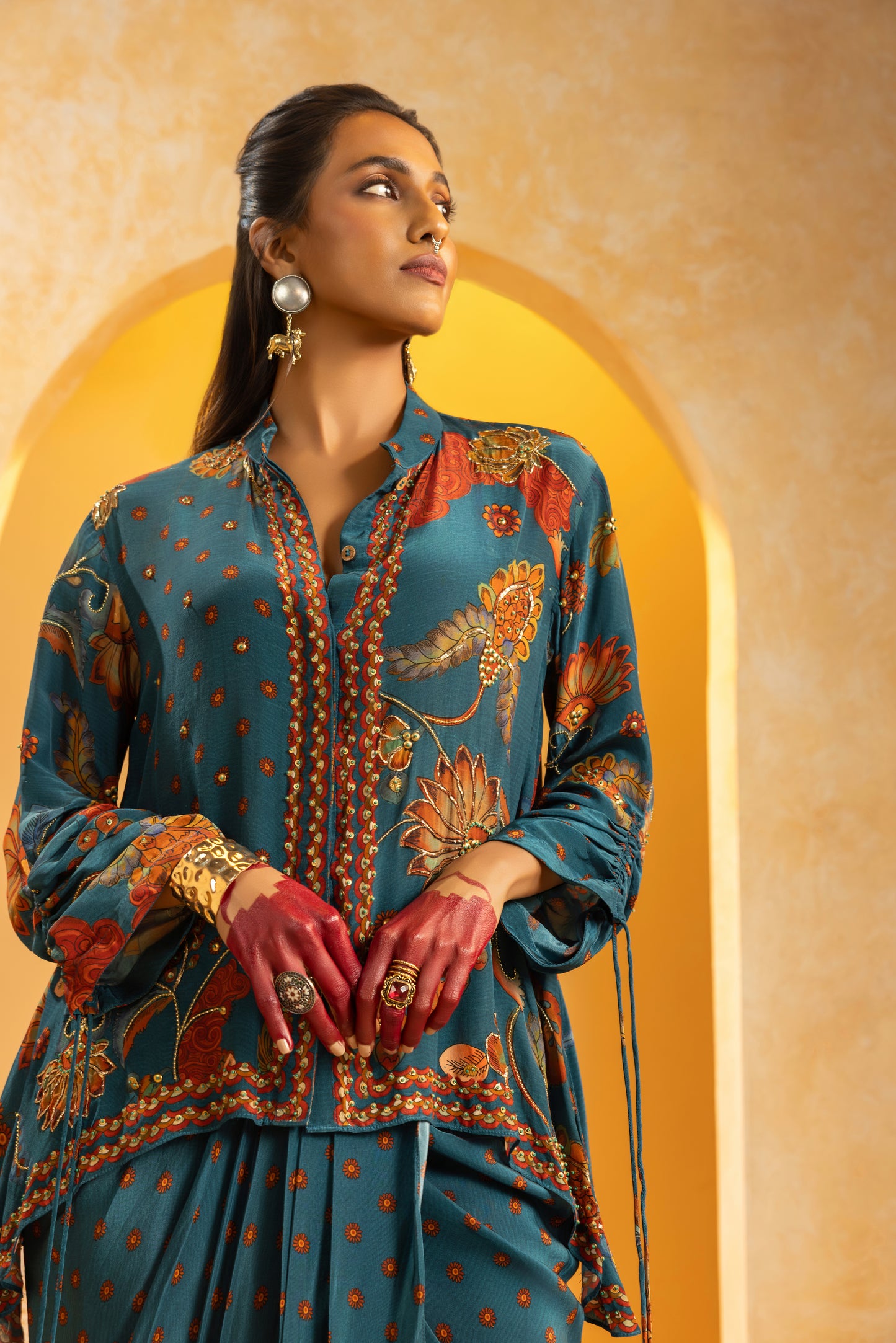 Rangtara embellished drape skirt set