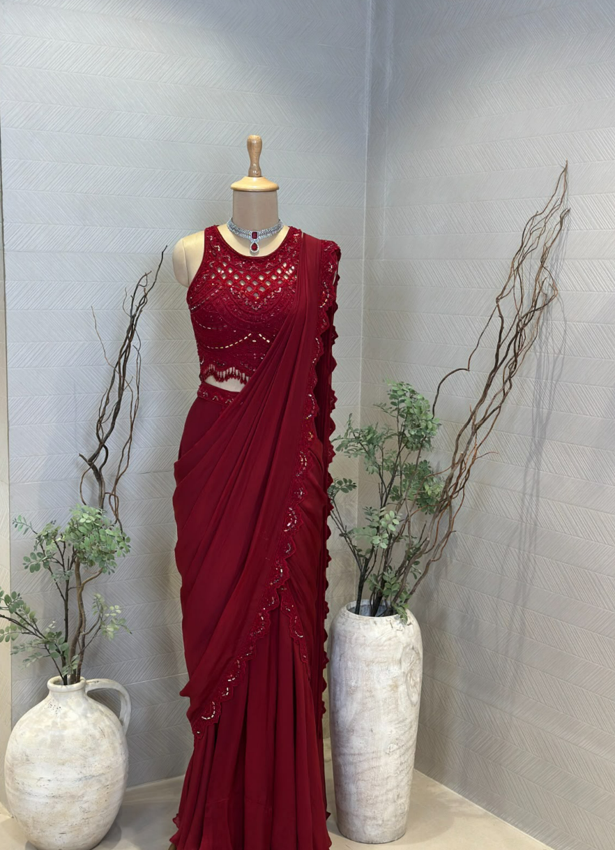 Ruby red pre draped saree