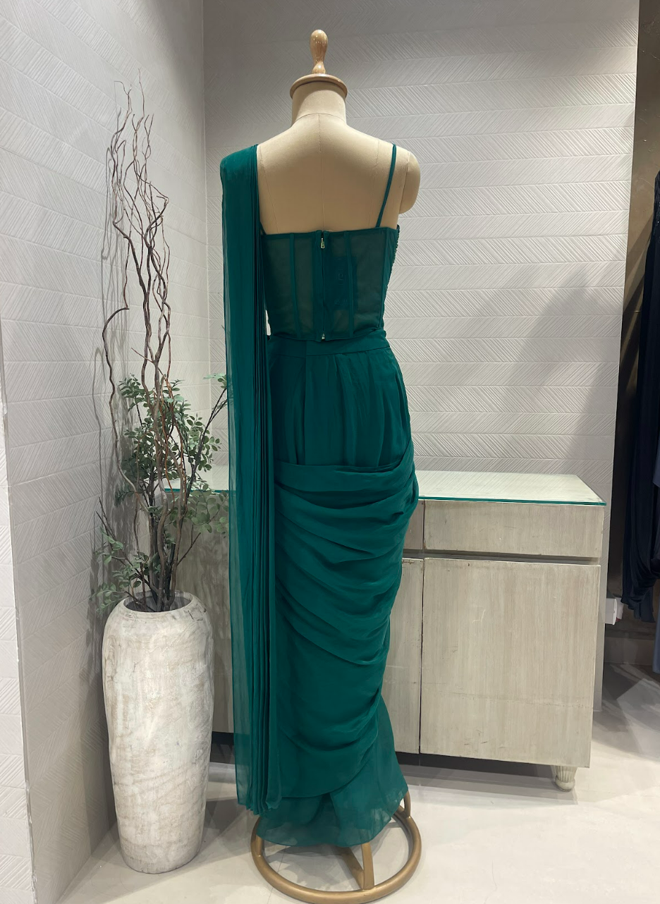 Emerald Green Satin Organza Pre Draped Saree with Tassle Blouse