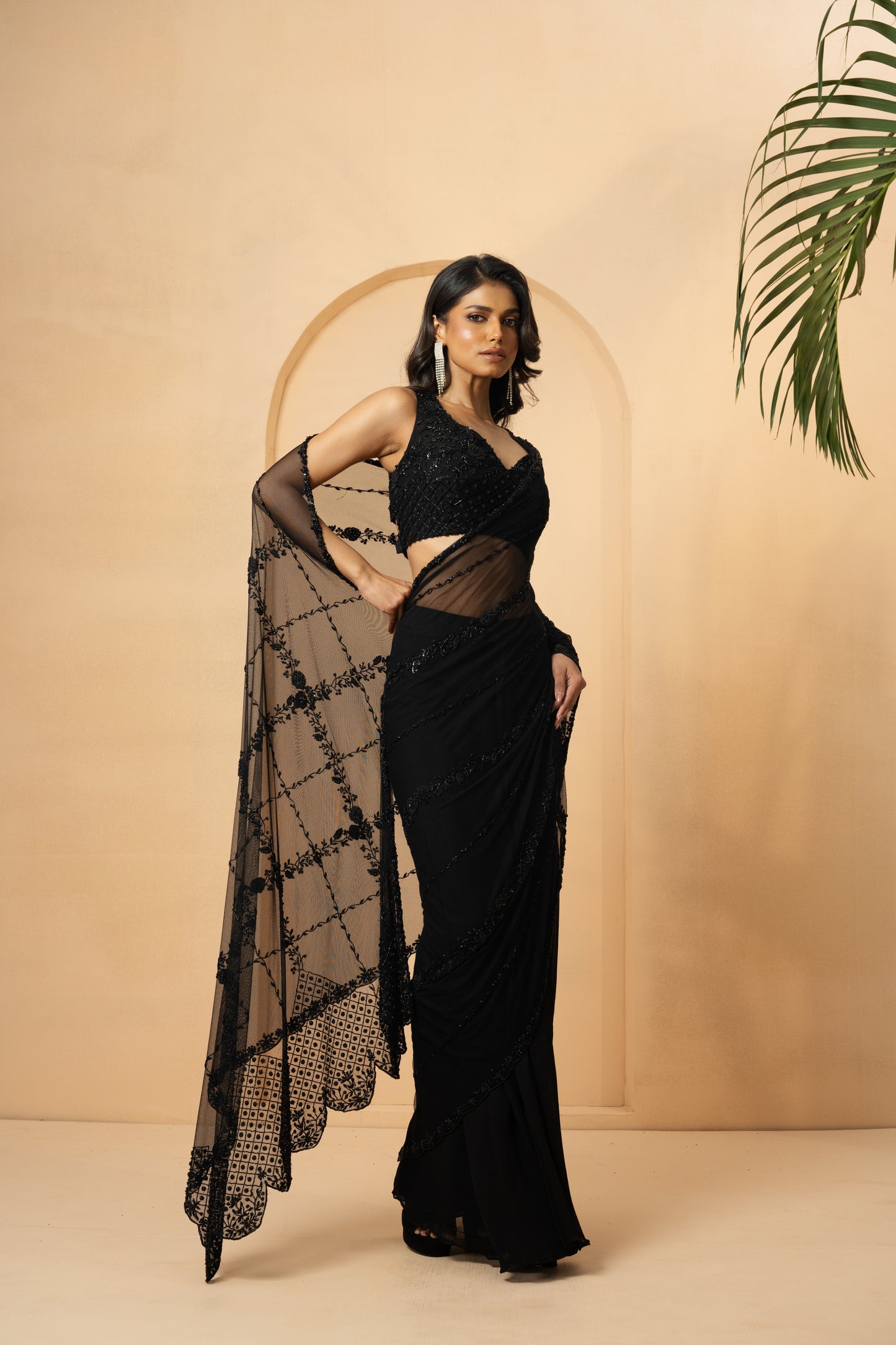 Black Georgette Sequins Embroidered Pre-Stitched Saree Set