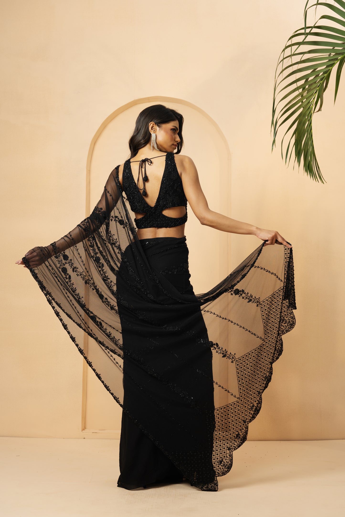 Black Georgette Sequins Embroidered Pre-Stitched Saree Set