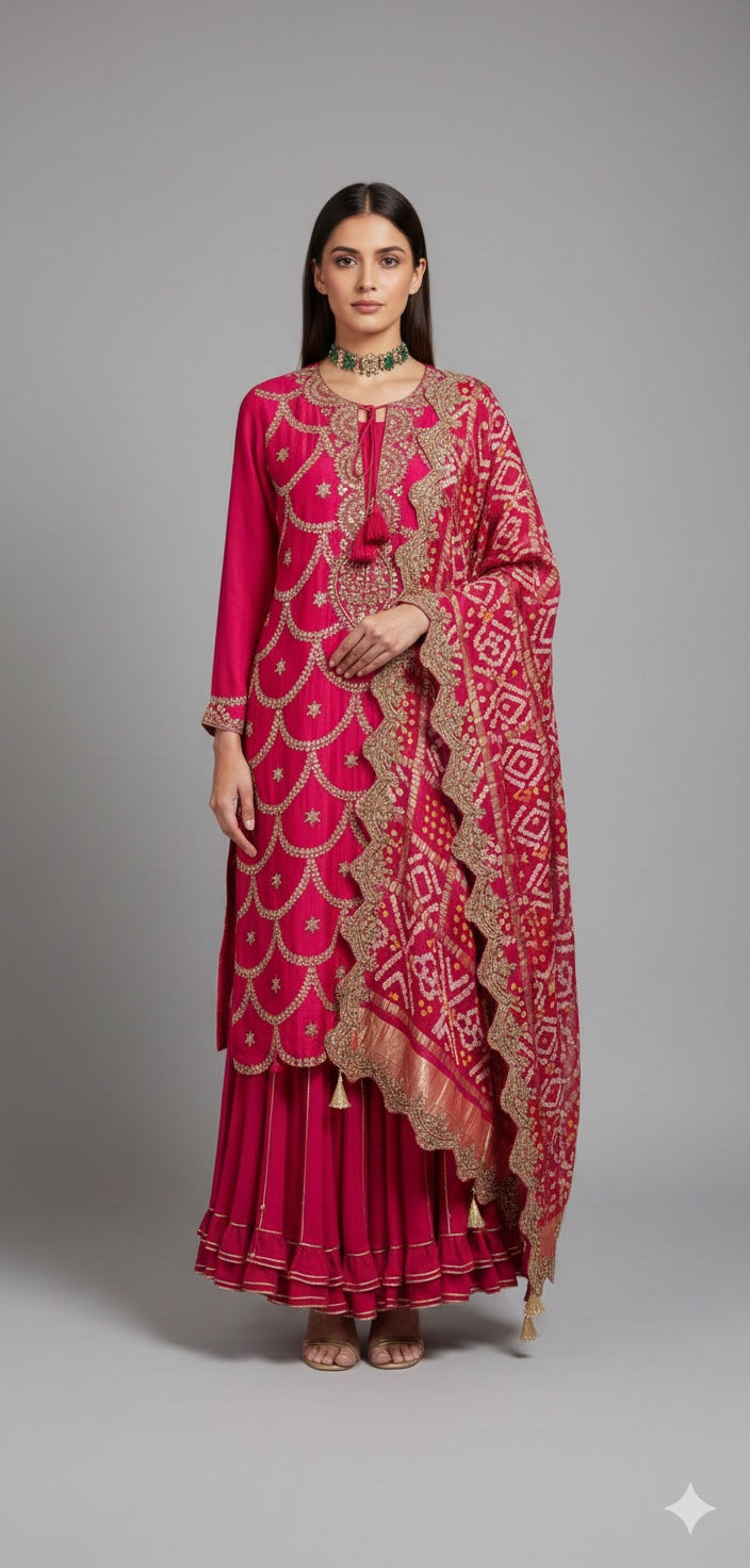 Heavy Pink Gota Bandhani Sharara Set