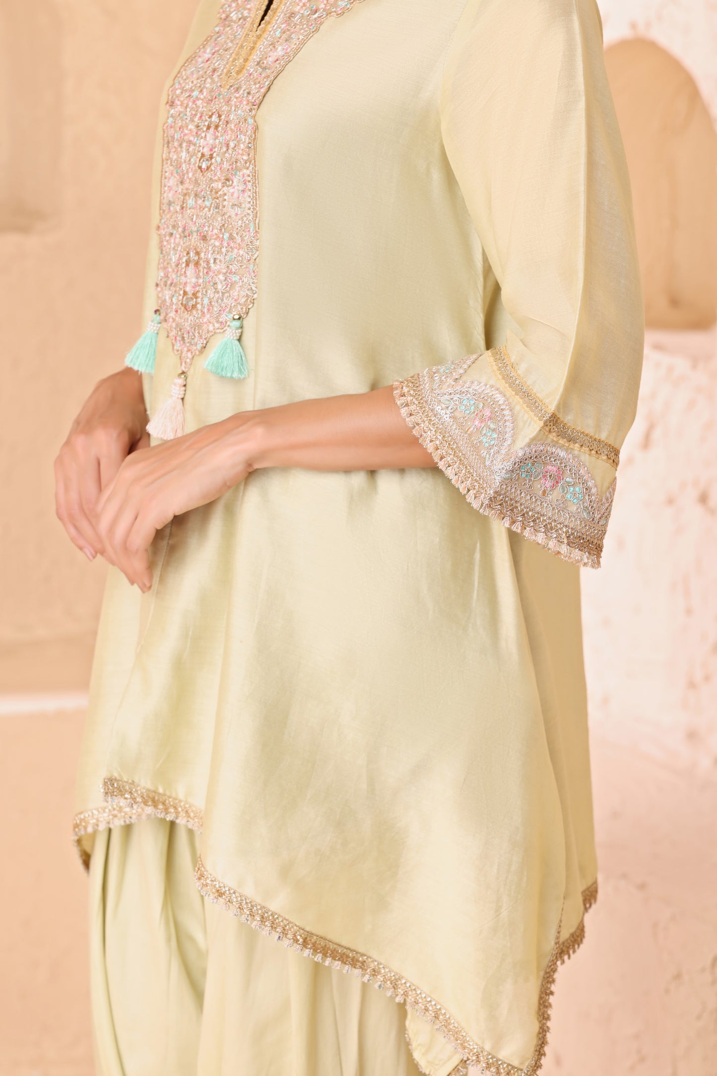 Asymmetrical short length shirt with Narrow salwar