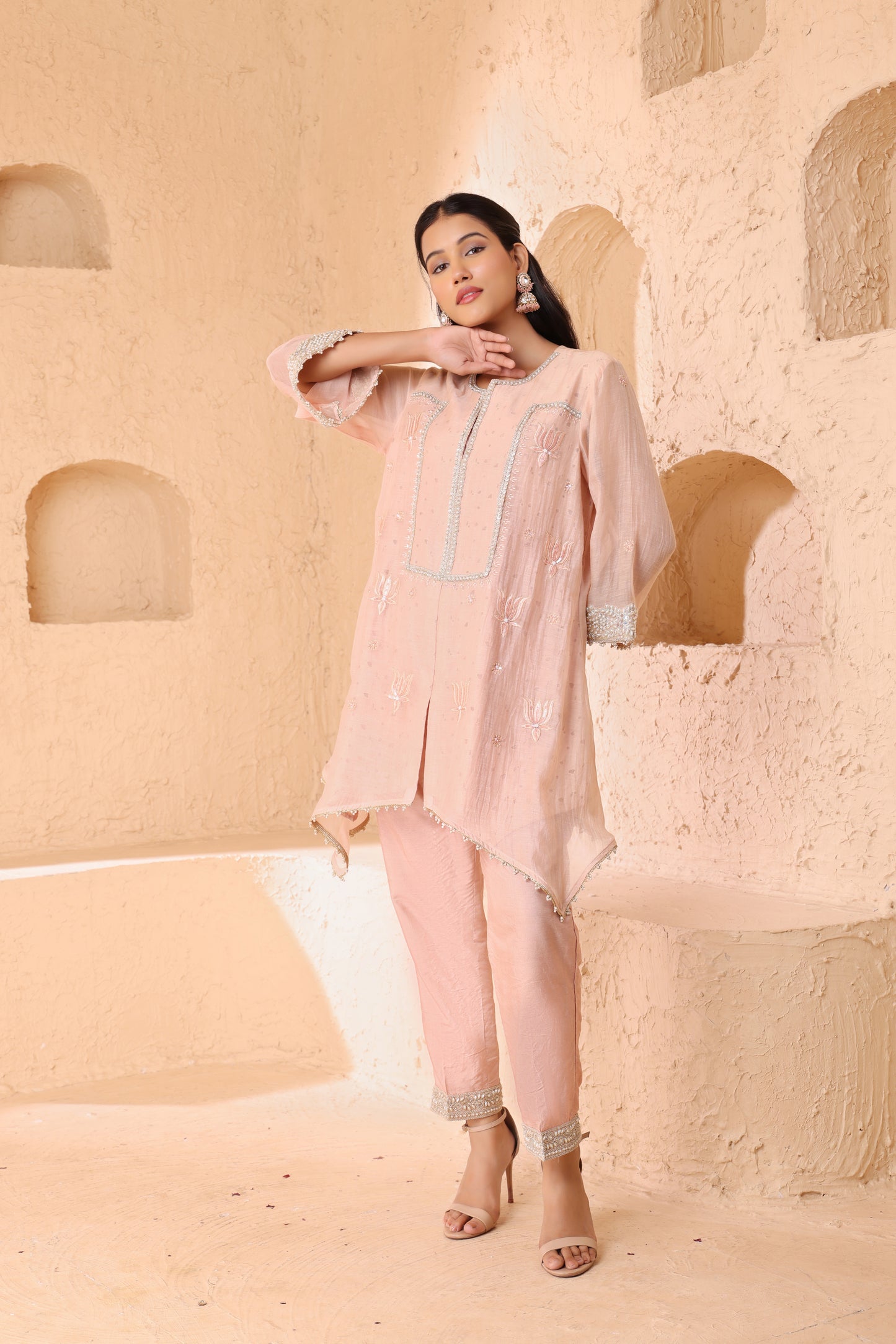 Asymmetrical short length shirt with narrow salwar
