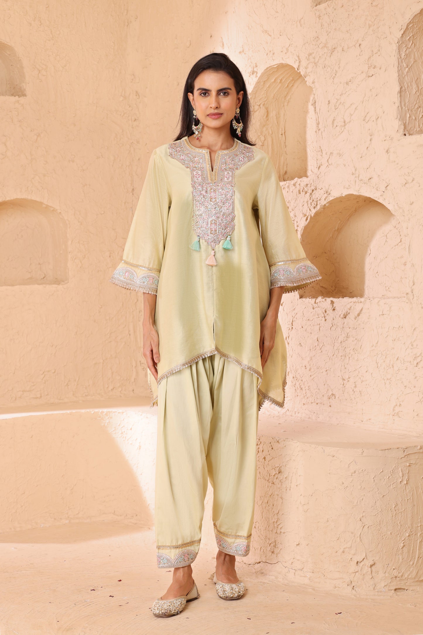 Asymmetrical short length shirt with Narrow salwar
