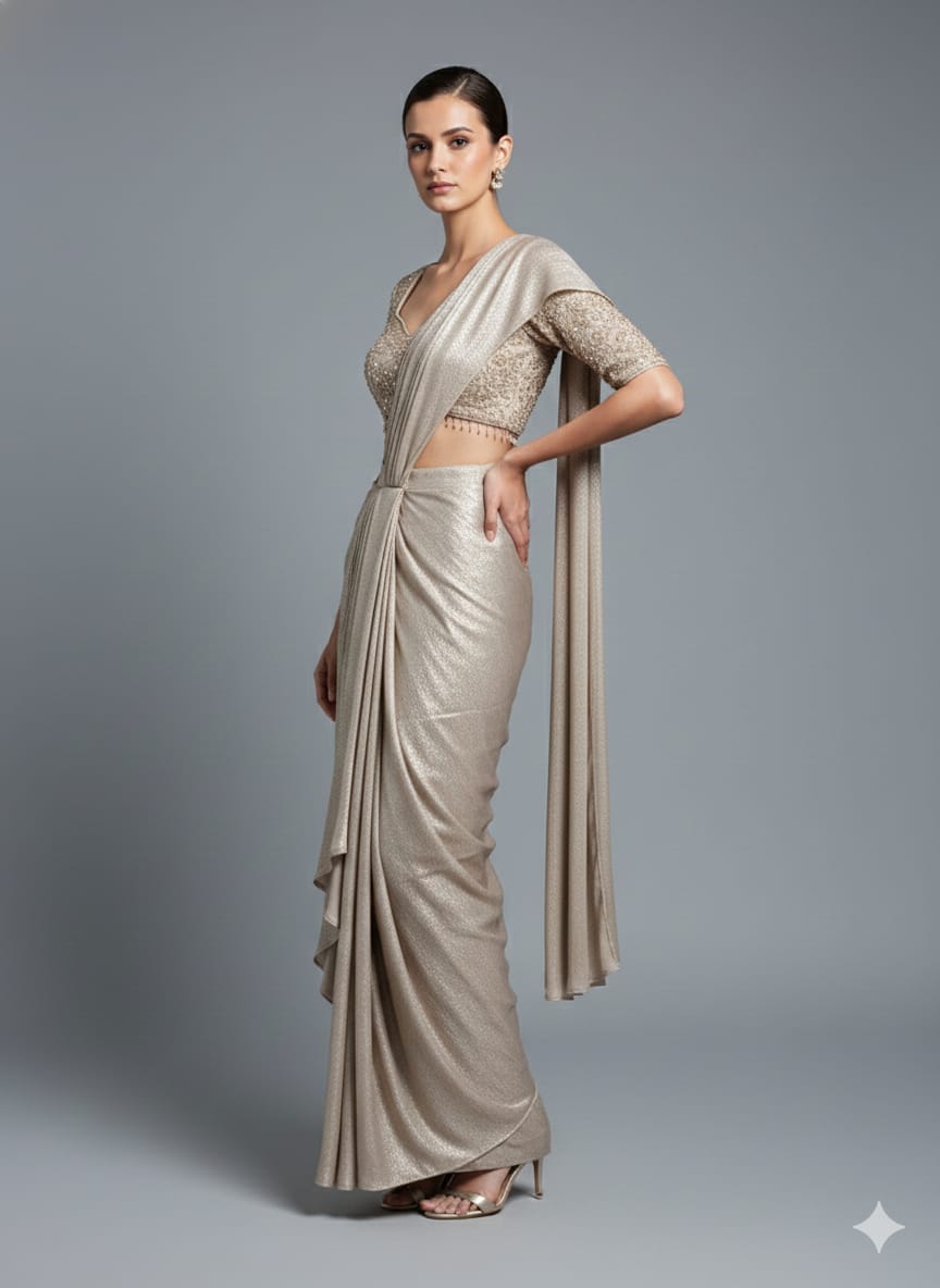 Blush Gold Foil Printed Draped Saree