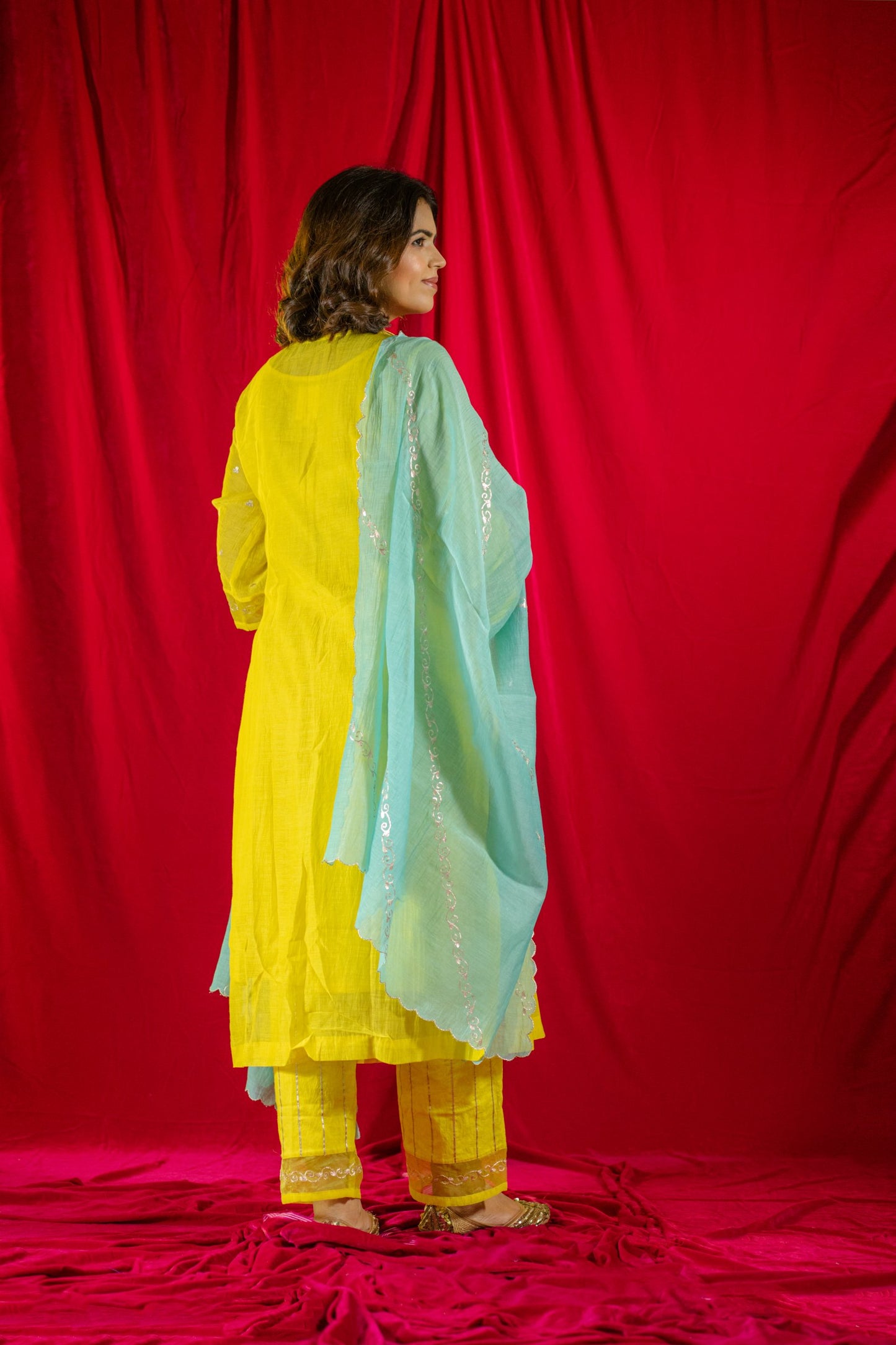 Yellow V Neck Kurta Set